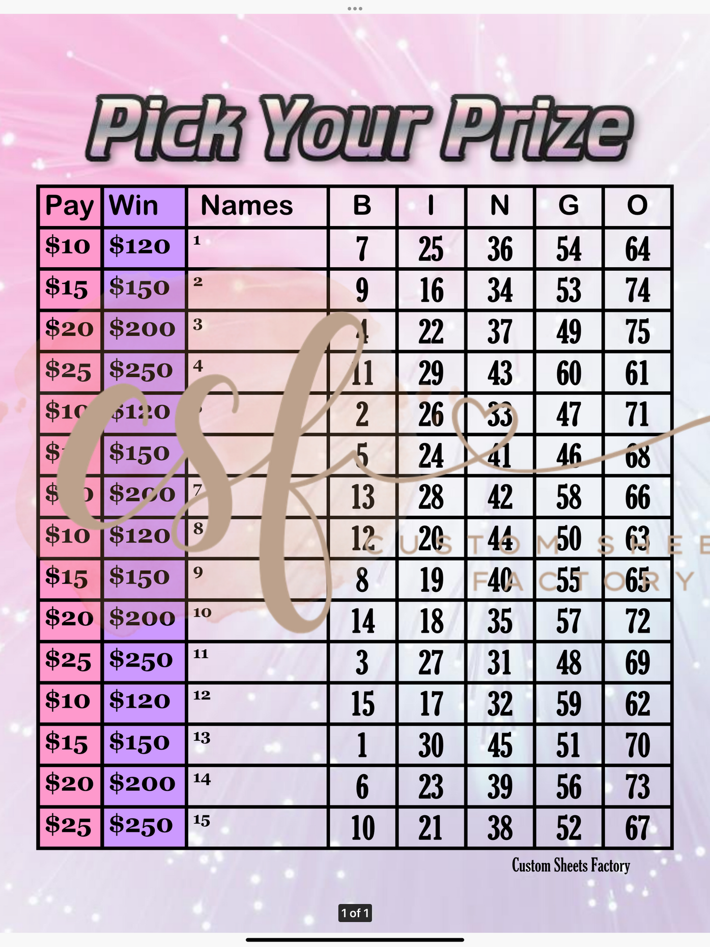 Pick your Prize - Various Designs - 75 ball