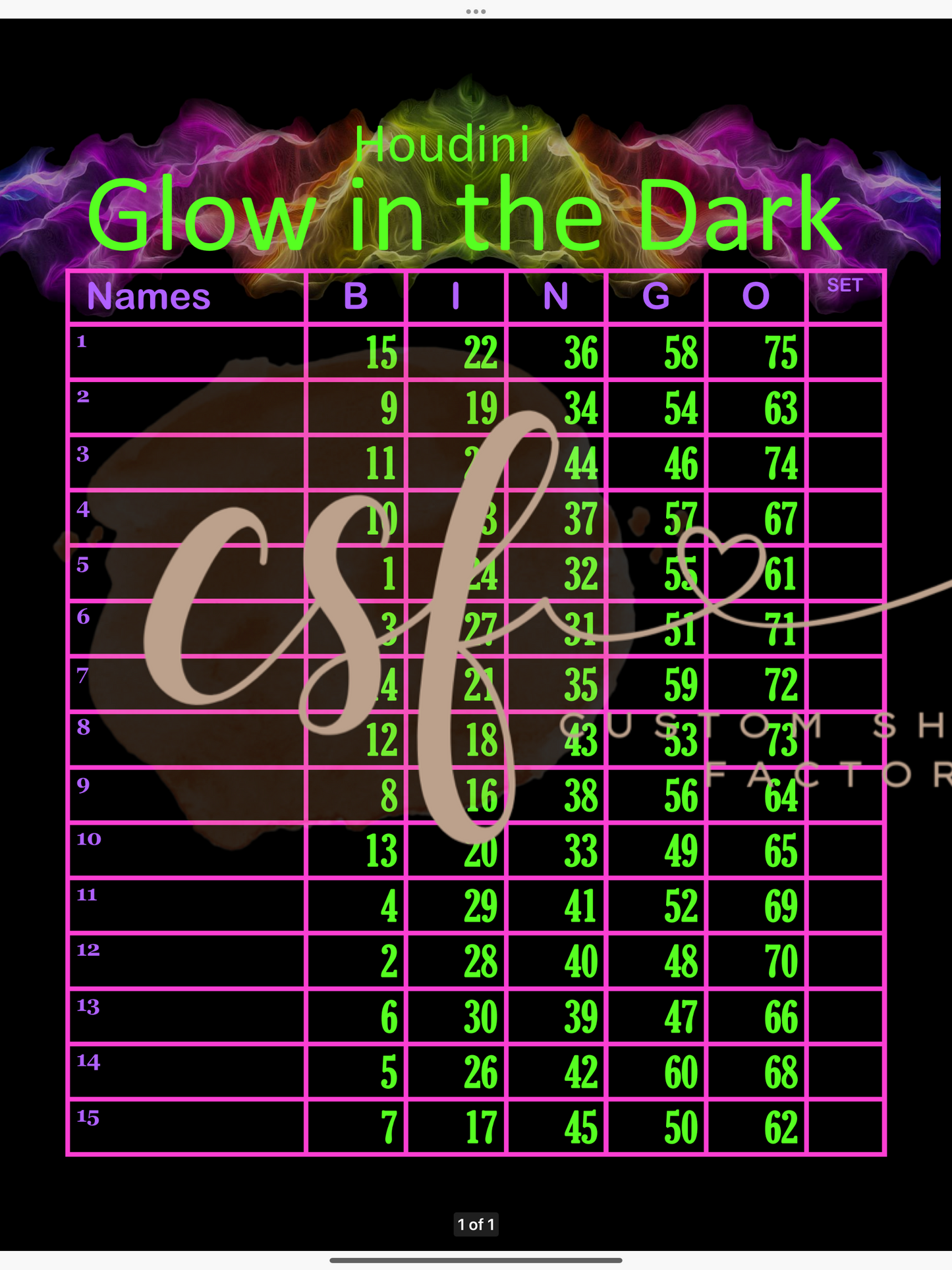 Glow in the Dark - 15 line - 75 Ball