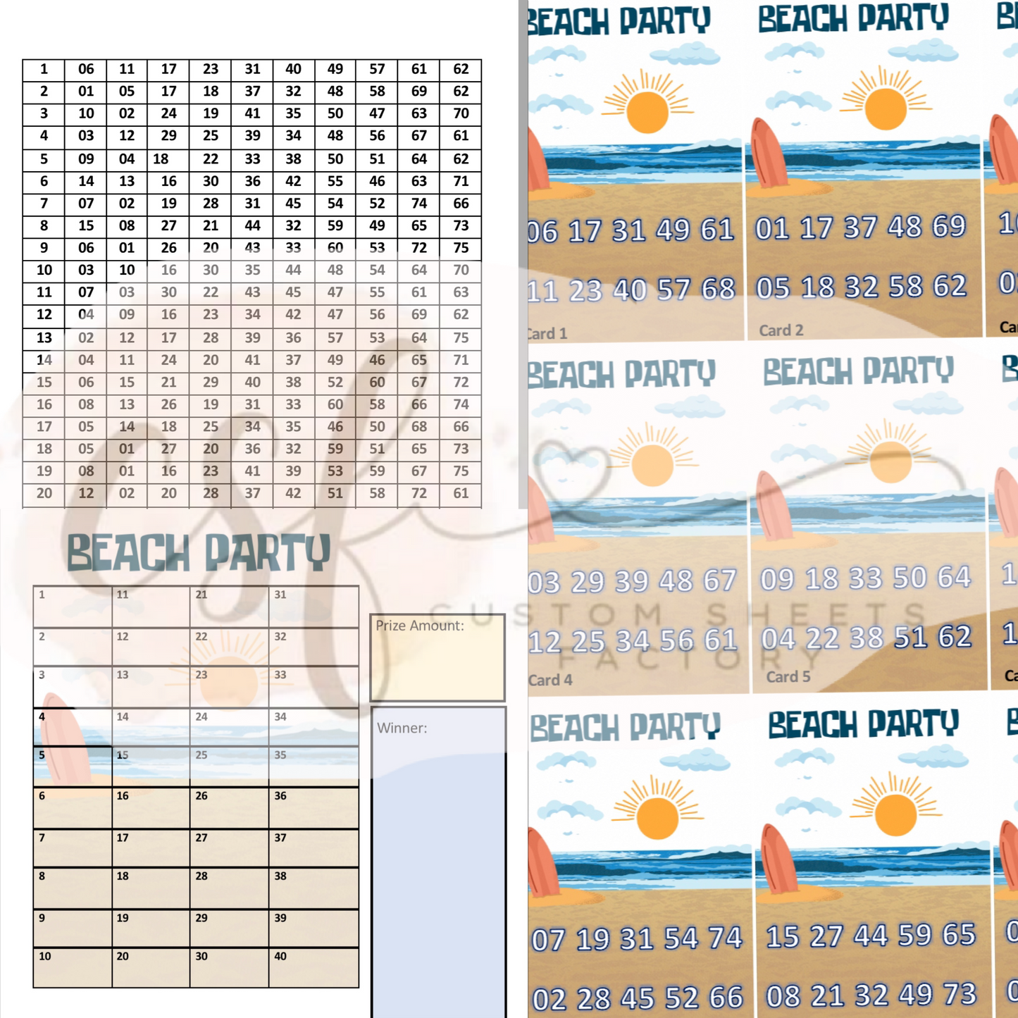 Beach Party Holders - 10 Number Full Card - 25 Cards