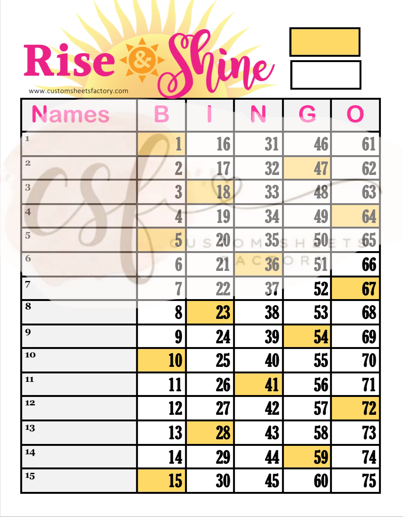 Rise and Shine - 15 Line - 75 Ball