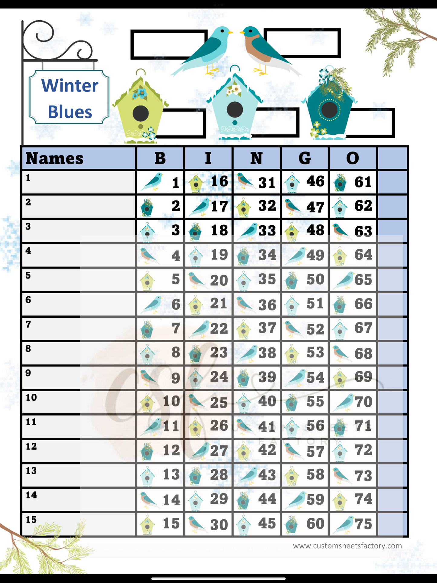 Winter Blue Birds - 15 Line - 75 Ball