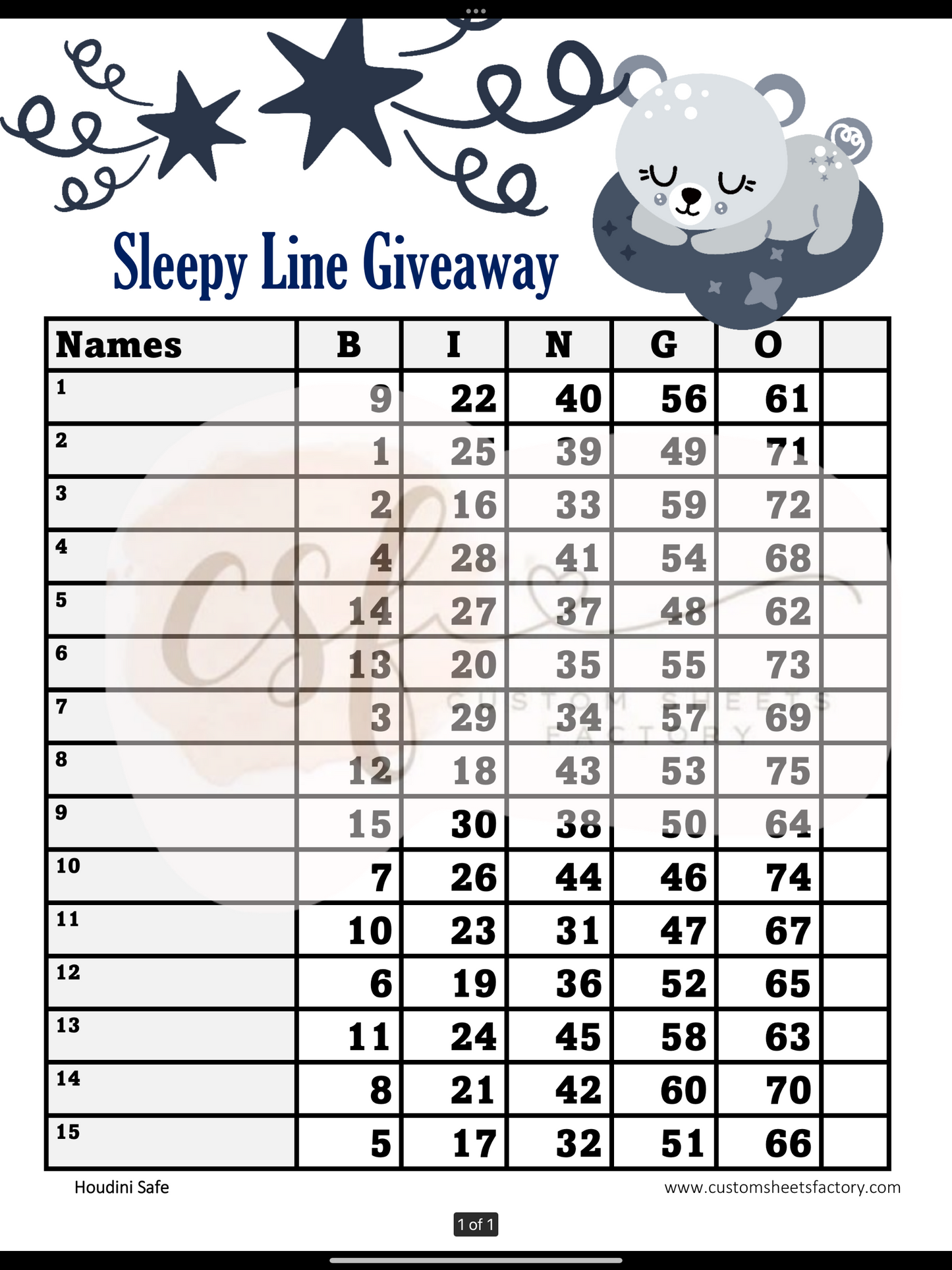 Sleepy Line Giveaway Bears - 15 Line - Straight & Mixed