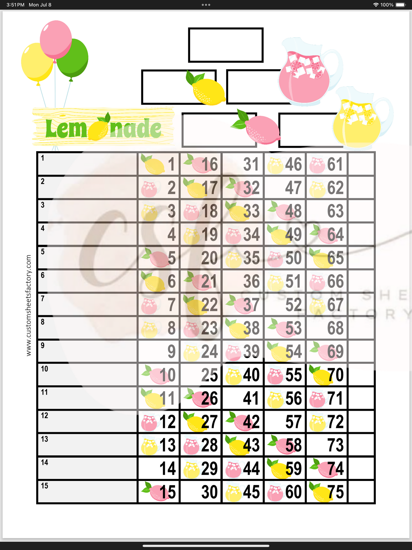 Lemonade Landing - 15 Line - 75 & 90 Ball