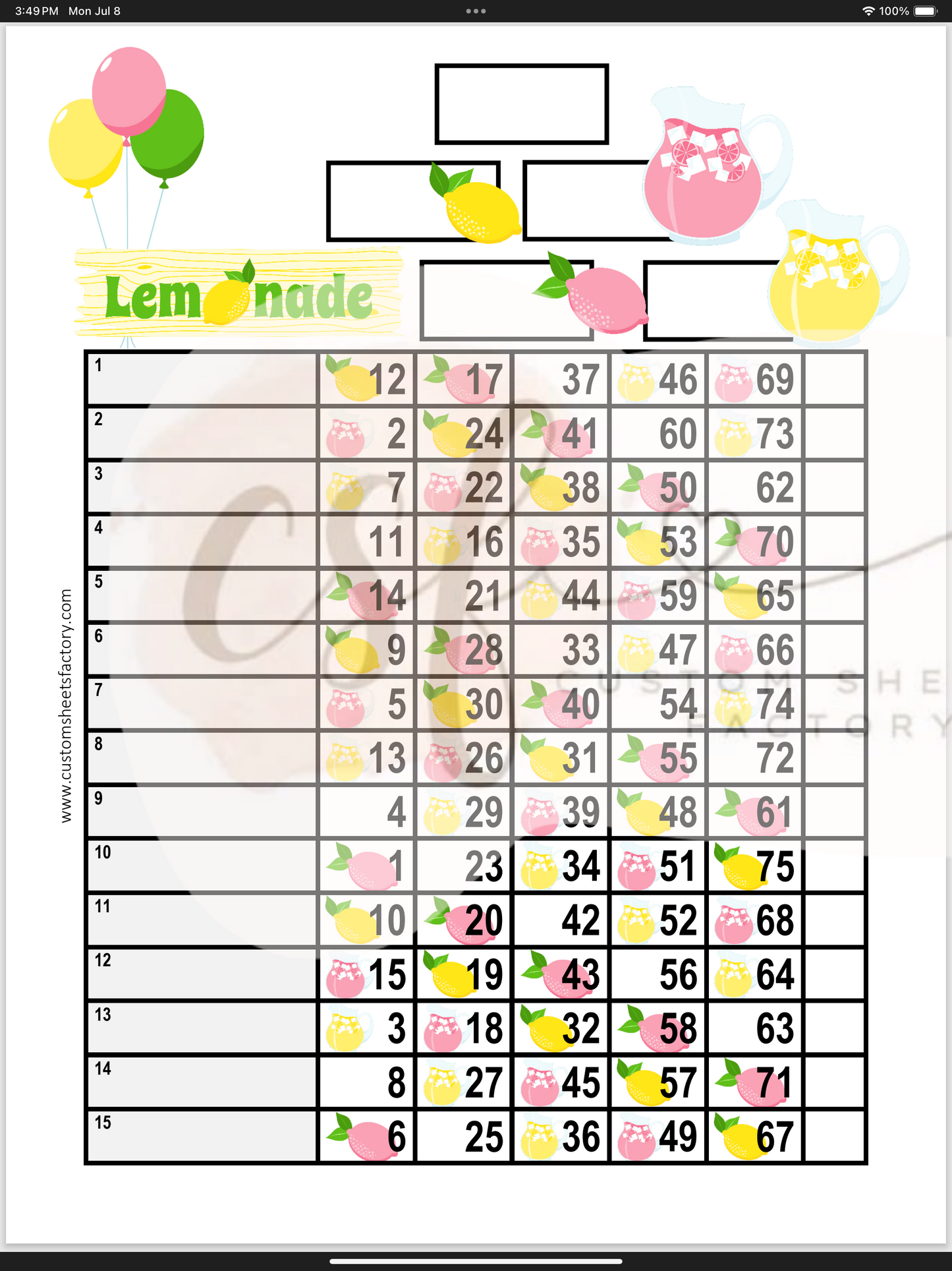 Lemonade Landing - 15 Line - 75 & 90 Ball