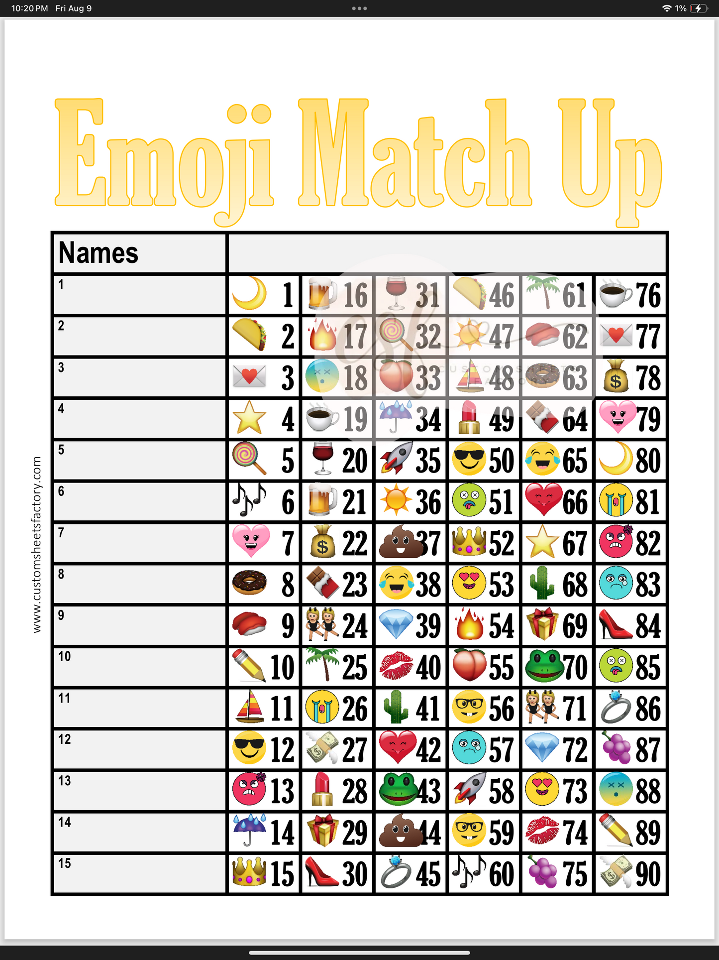 Emoji Match Up - 15 Line - 90 Ball