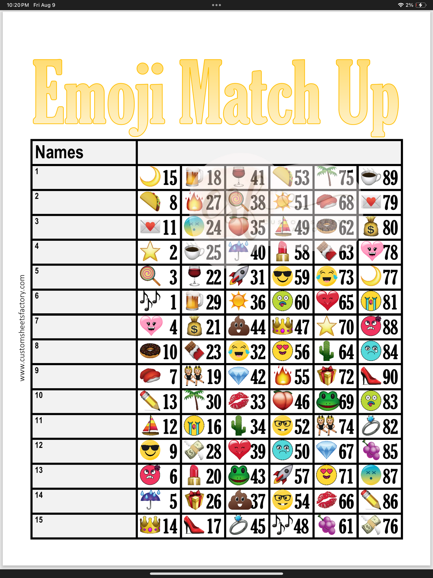 Emoji Match Up - 15 Line - 90 Ball