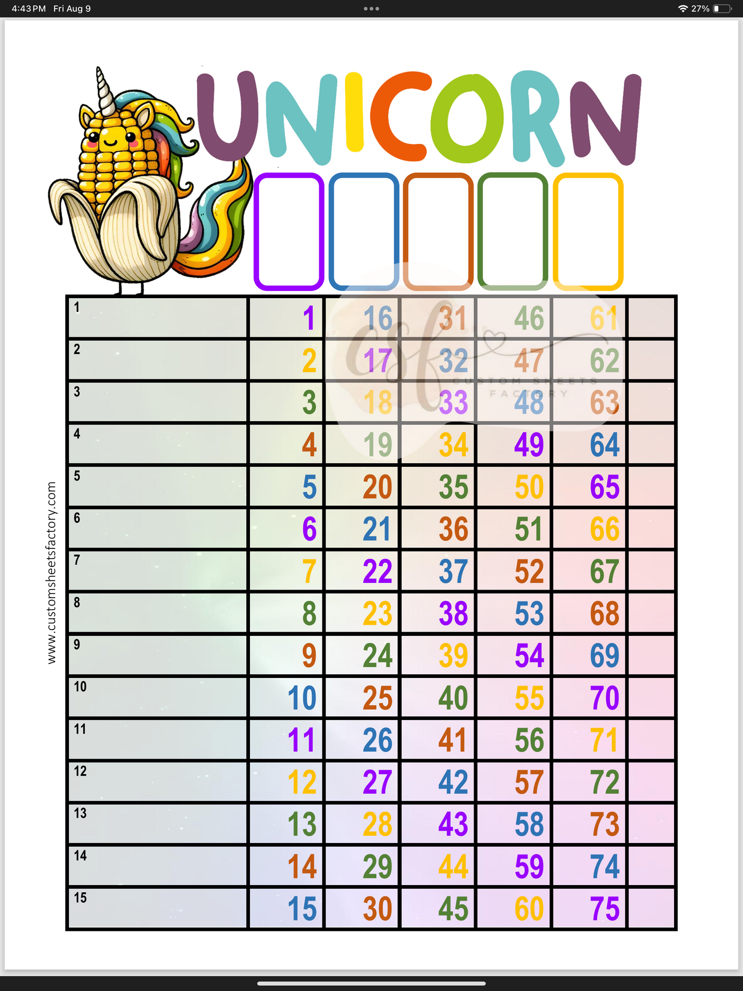 Unicorn Rainbow Landing - 15 Line - 75 Ball