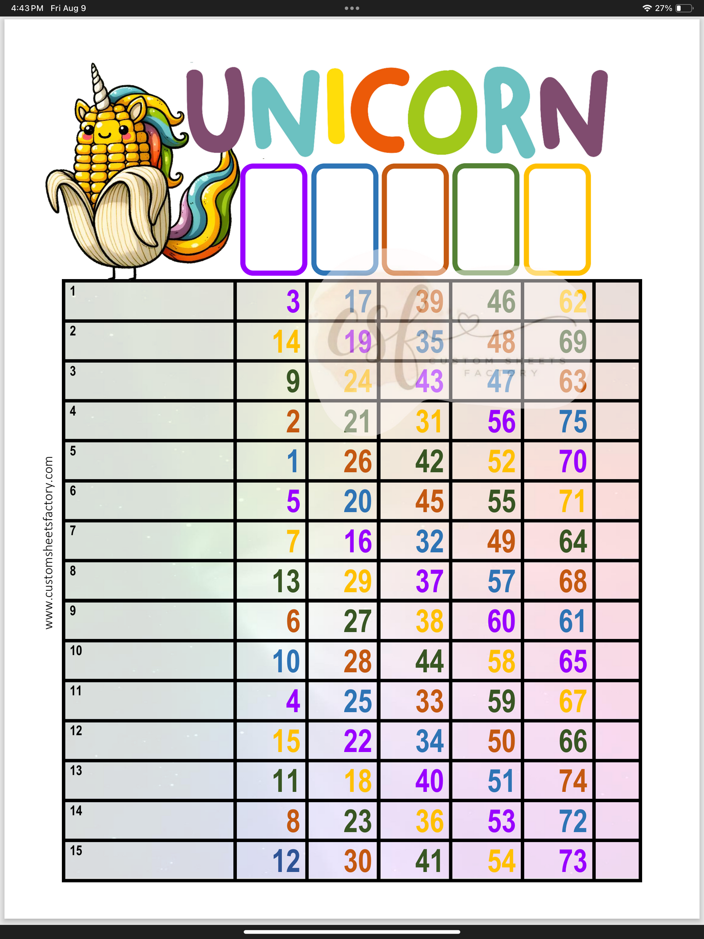 Unicorn Rainbow Landing - 15 Line - 75 Ball