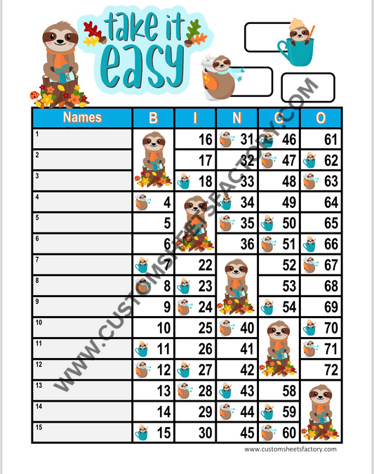 Take it Easy - Sloth Fall - 15 Line 75 Ball & Grid