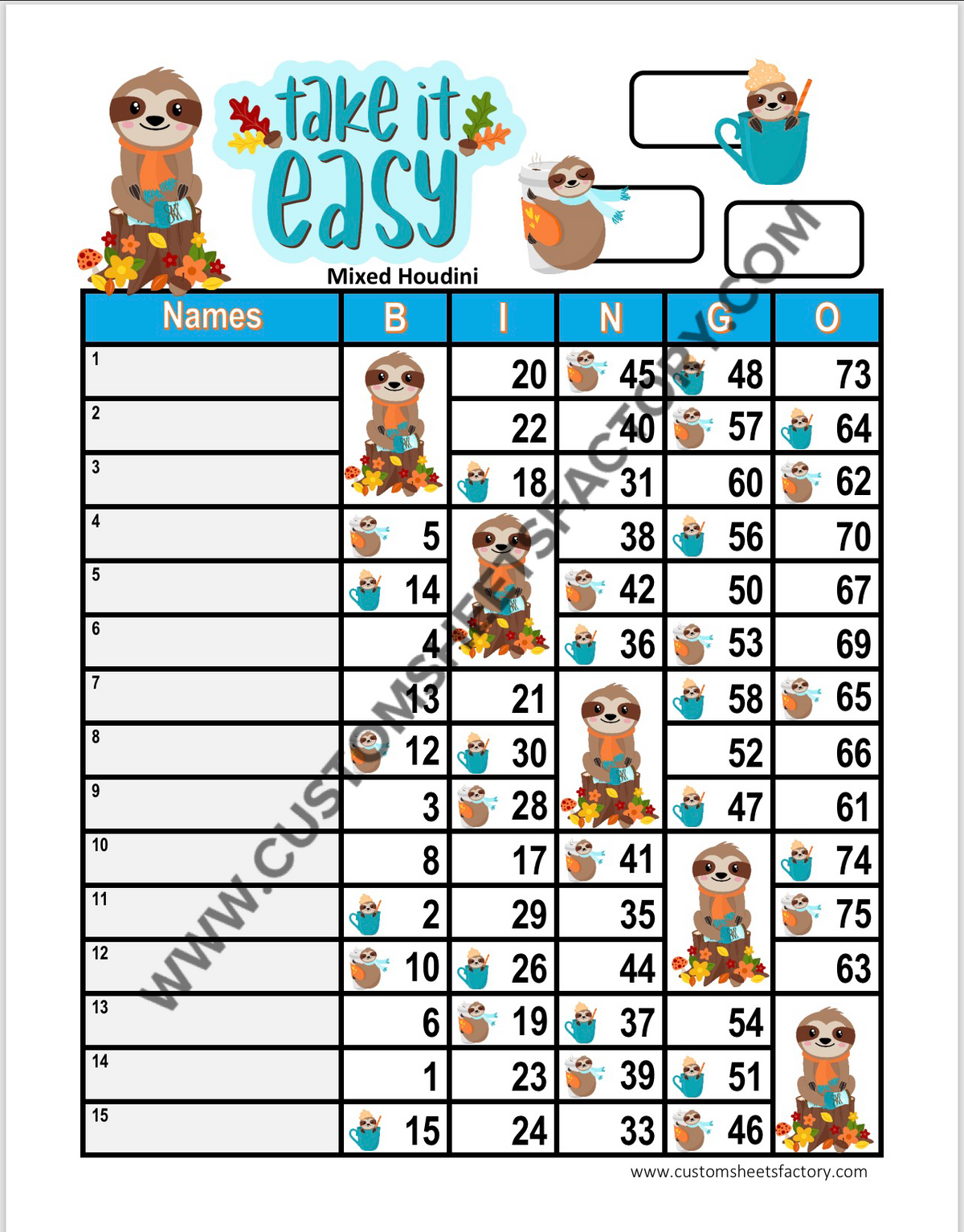 Take it Easy - Sloth Fall - 15 Line 75 Ball & Grid
