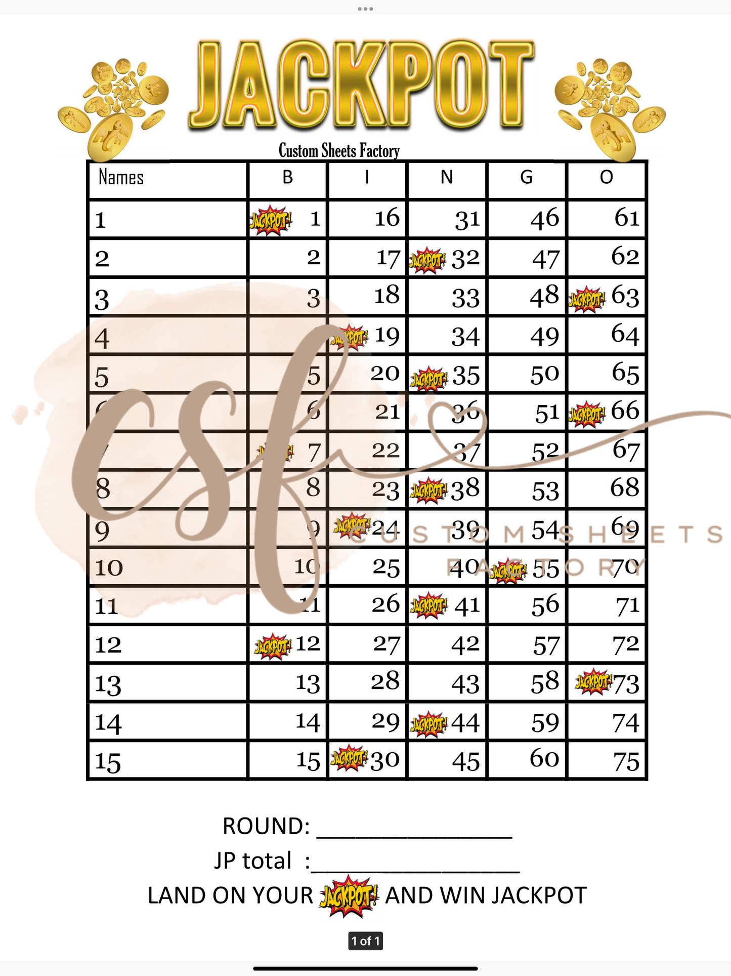 Jackpot Spot Landing - 15 line - 75 ball