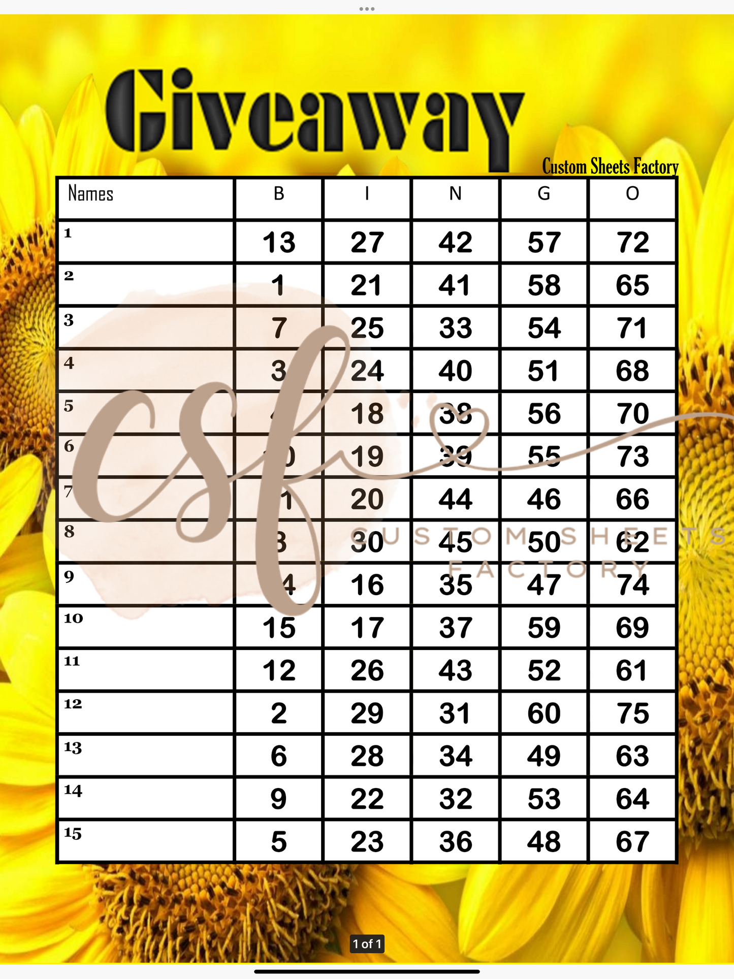 Sunflower Giveaway - 15 line - 75 ball