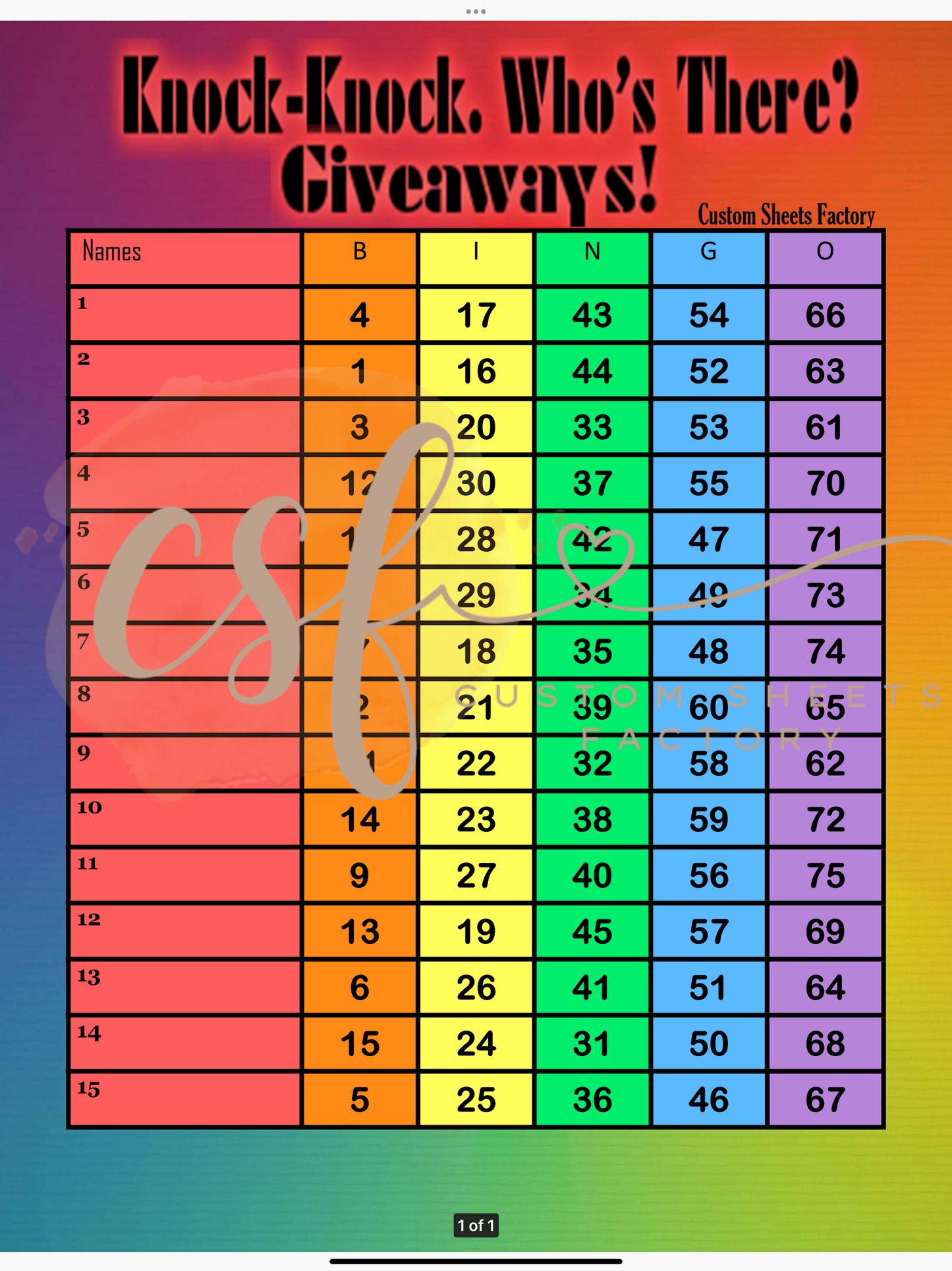 Knock Knock Giveaway - 15 line - 75 ball