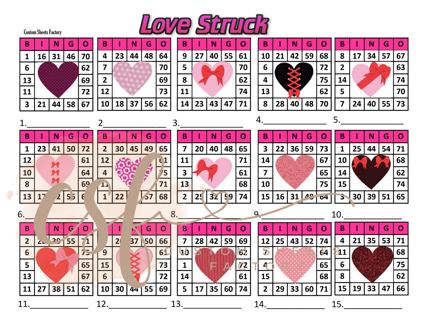 Love Struck Full Card - 15 line - 75 ball - Mixed