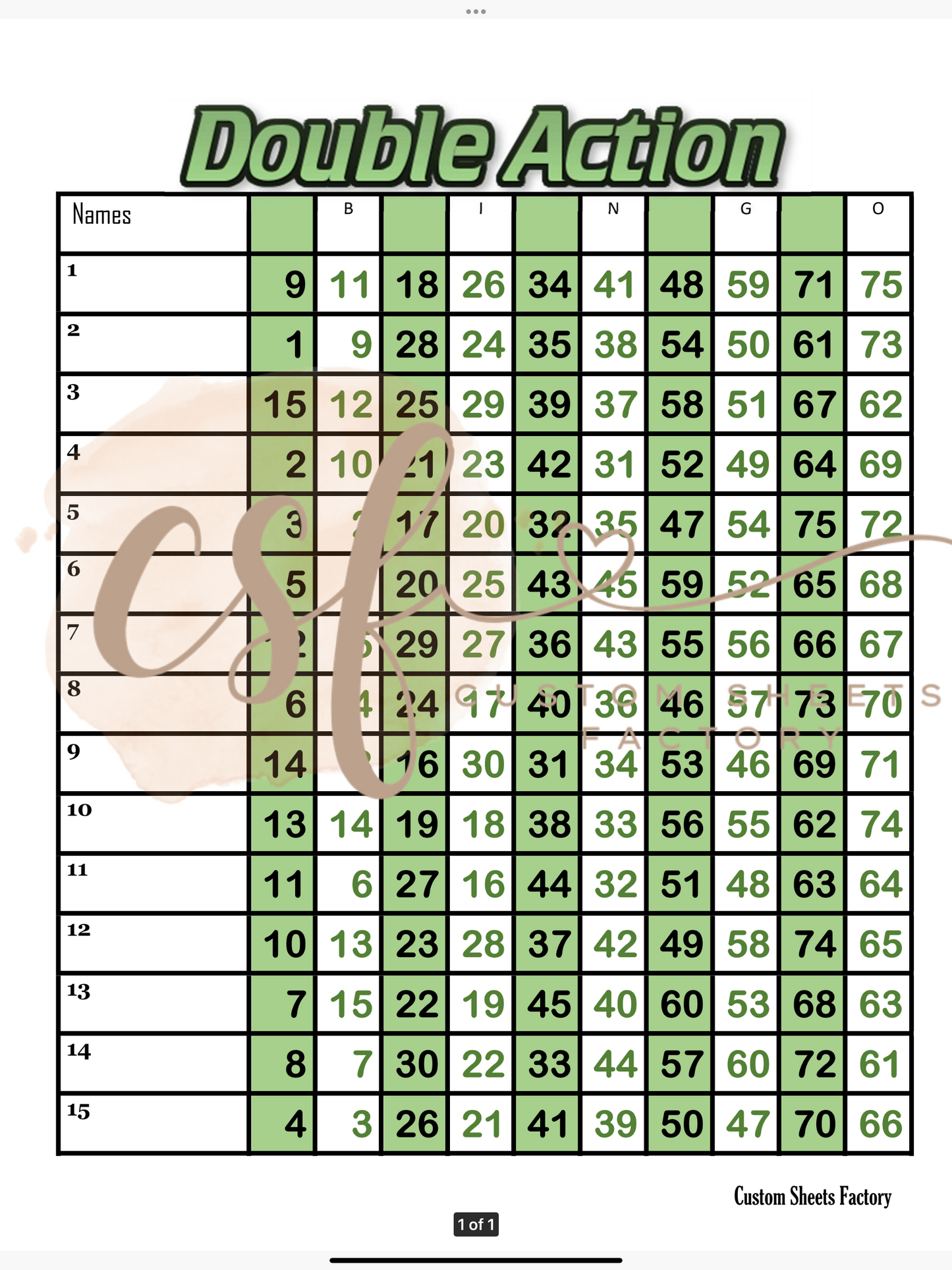 Green Double Action - 15 line - 75 ball - Mixed