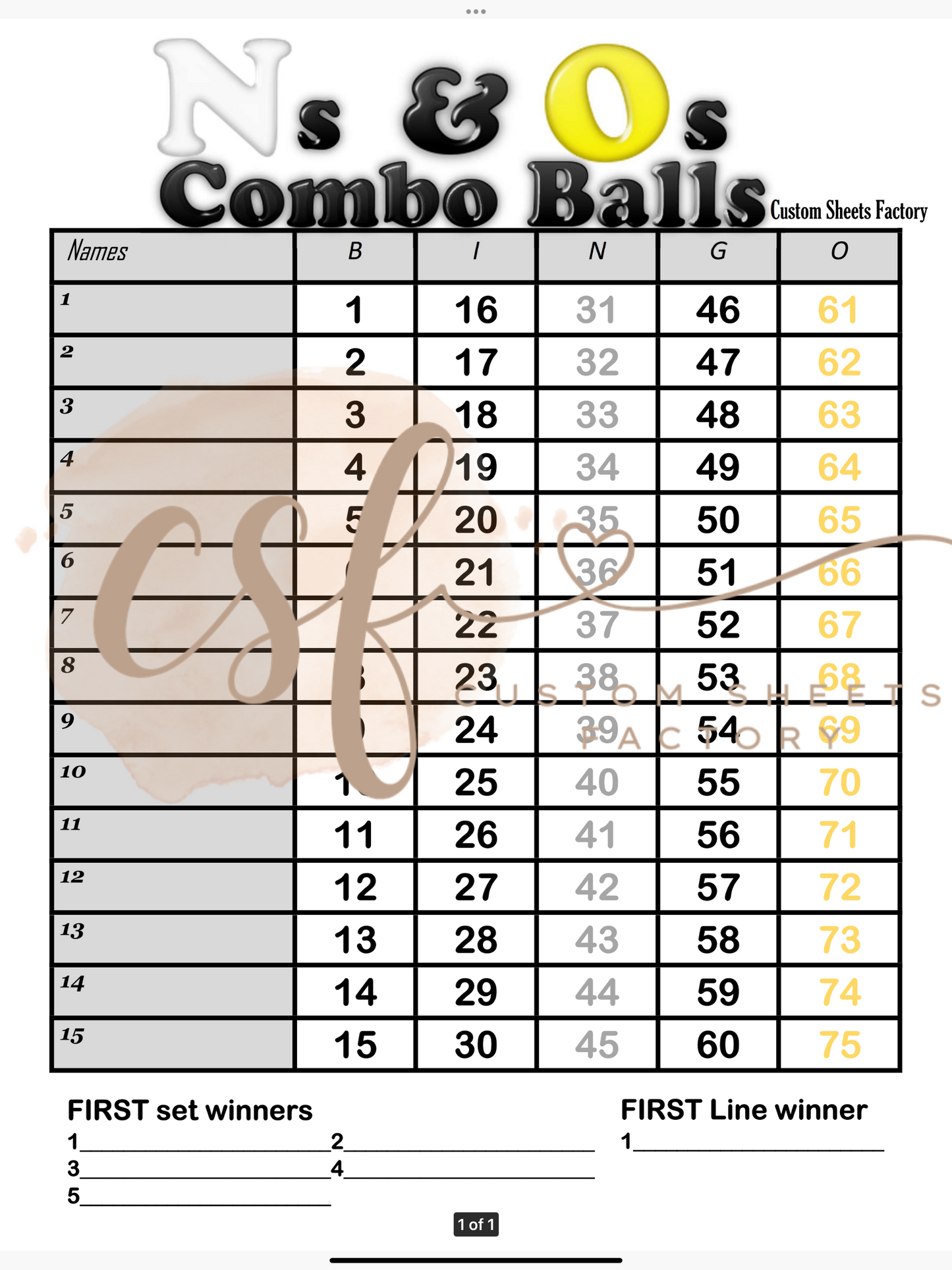NO Combo Balls - 15 line - 75 ball