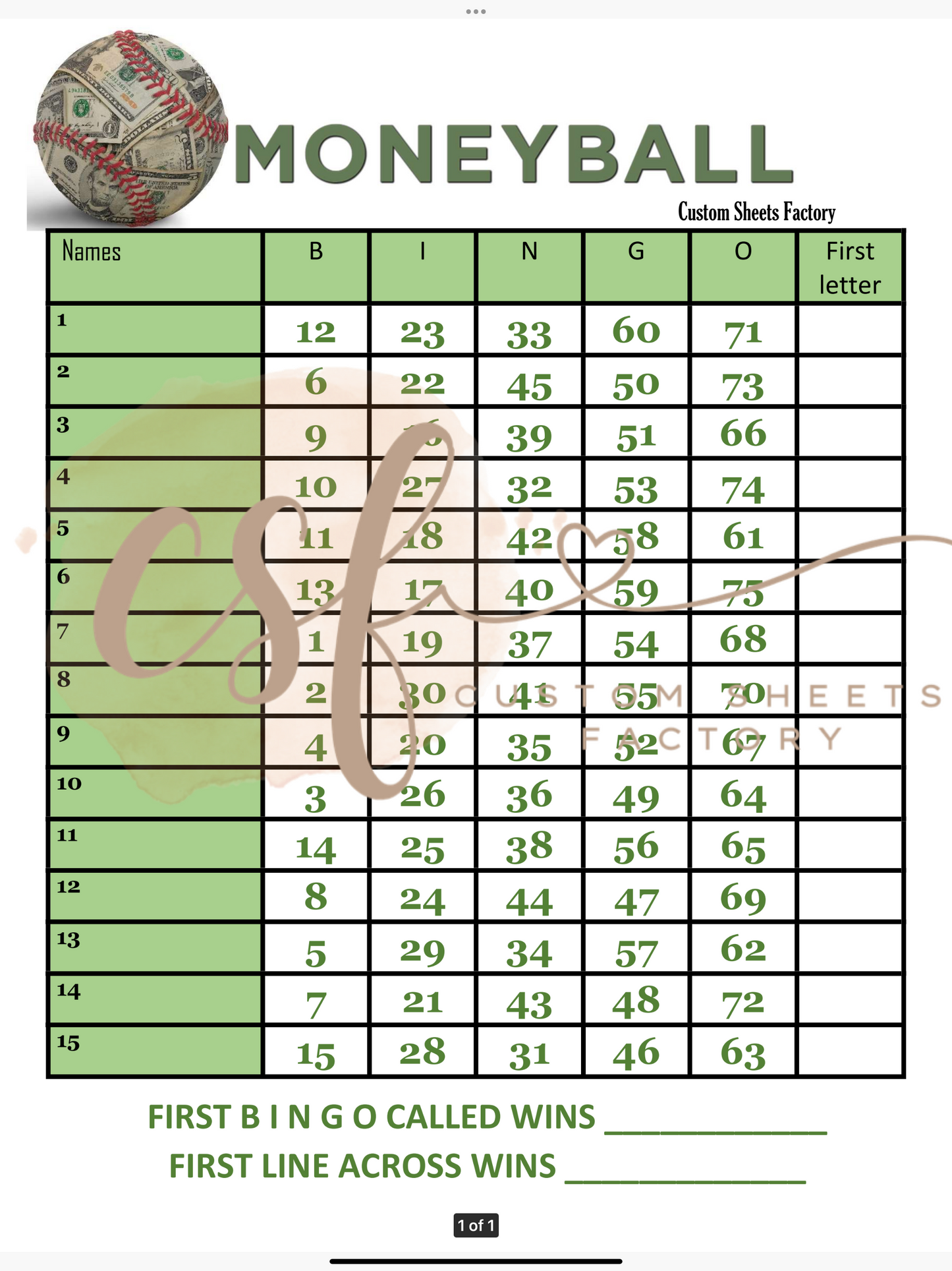 Money Balls - 15 line - 75 ball