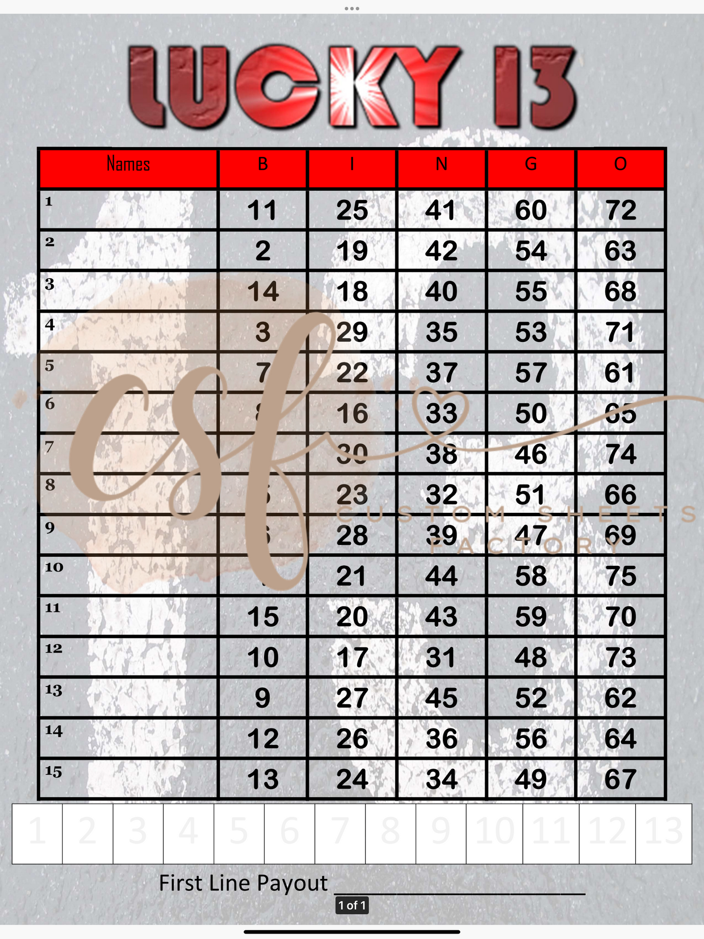 Lucky 13 - 15 line - 75 ball