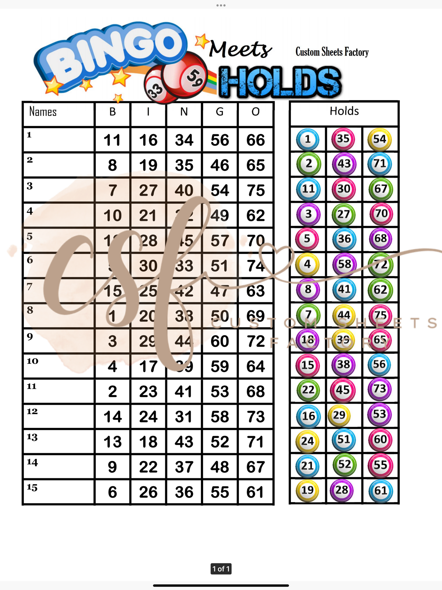 Bingo Meets Holds - 15 line - 75 ball