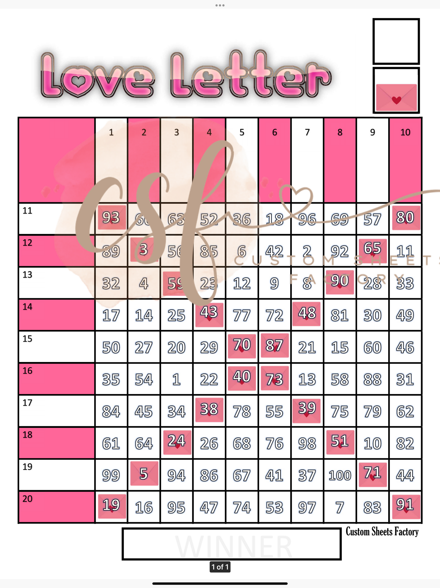 Love Letter Grid - 100 ball