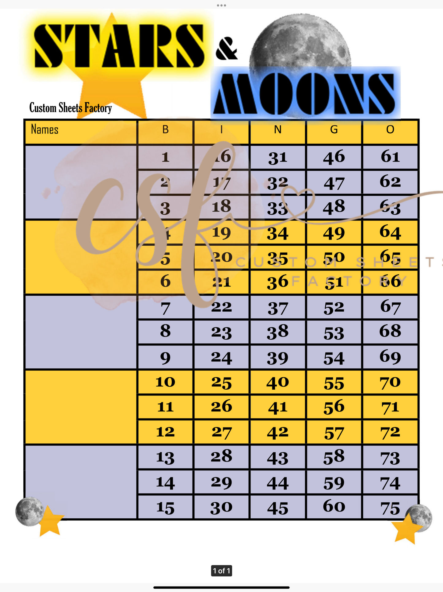 Star Vs Moon - 5 blocks - 75 ball