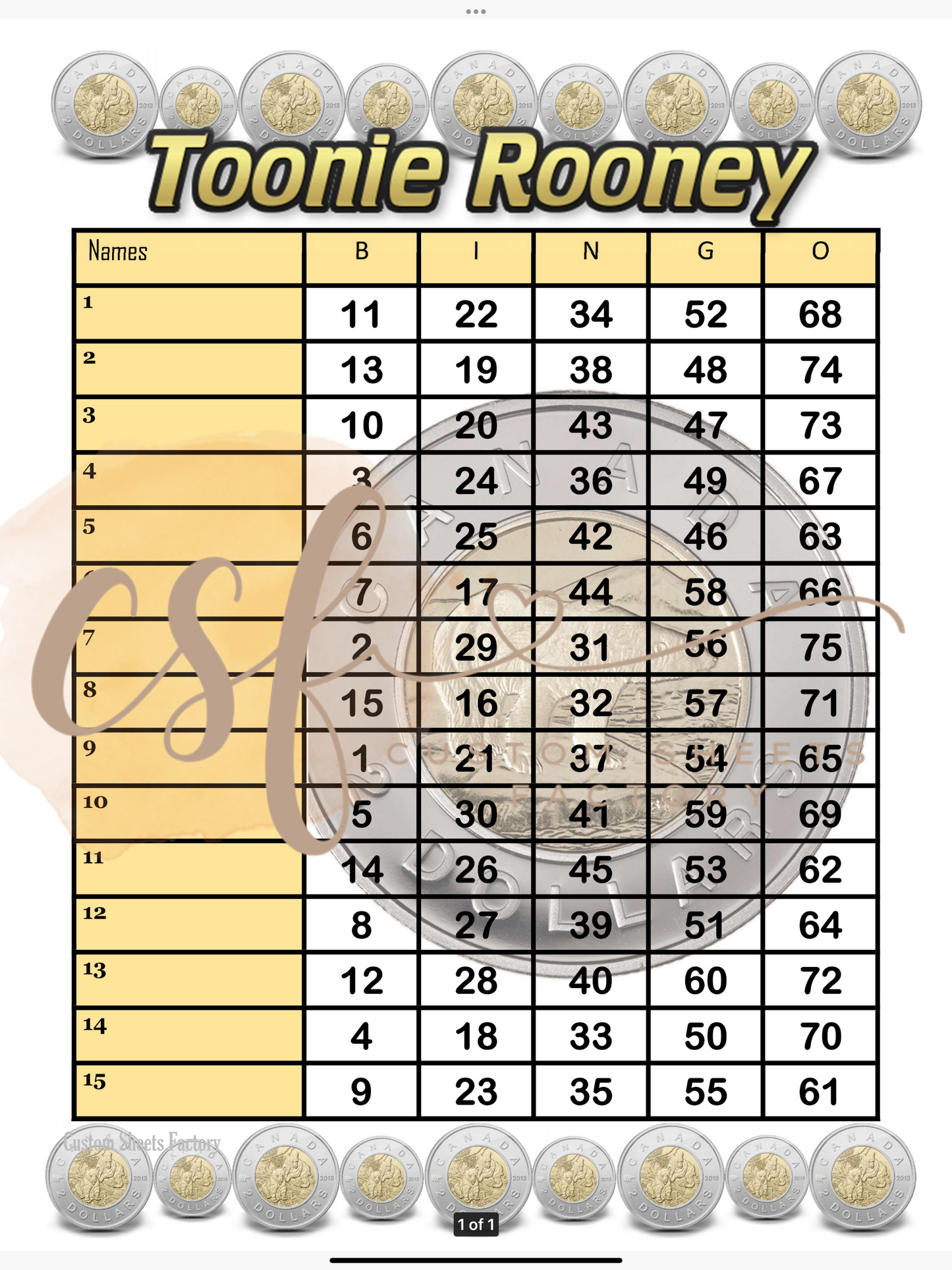 Tooney Rooney - 15 line - 75 ball