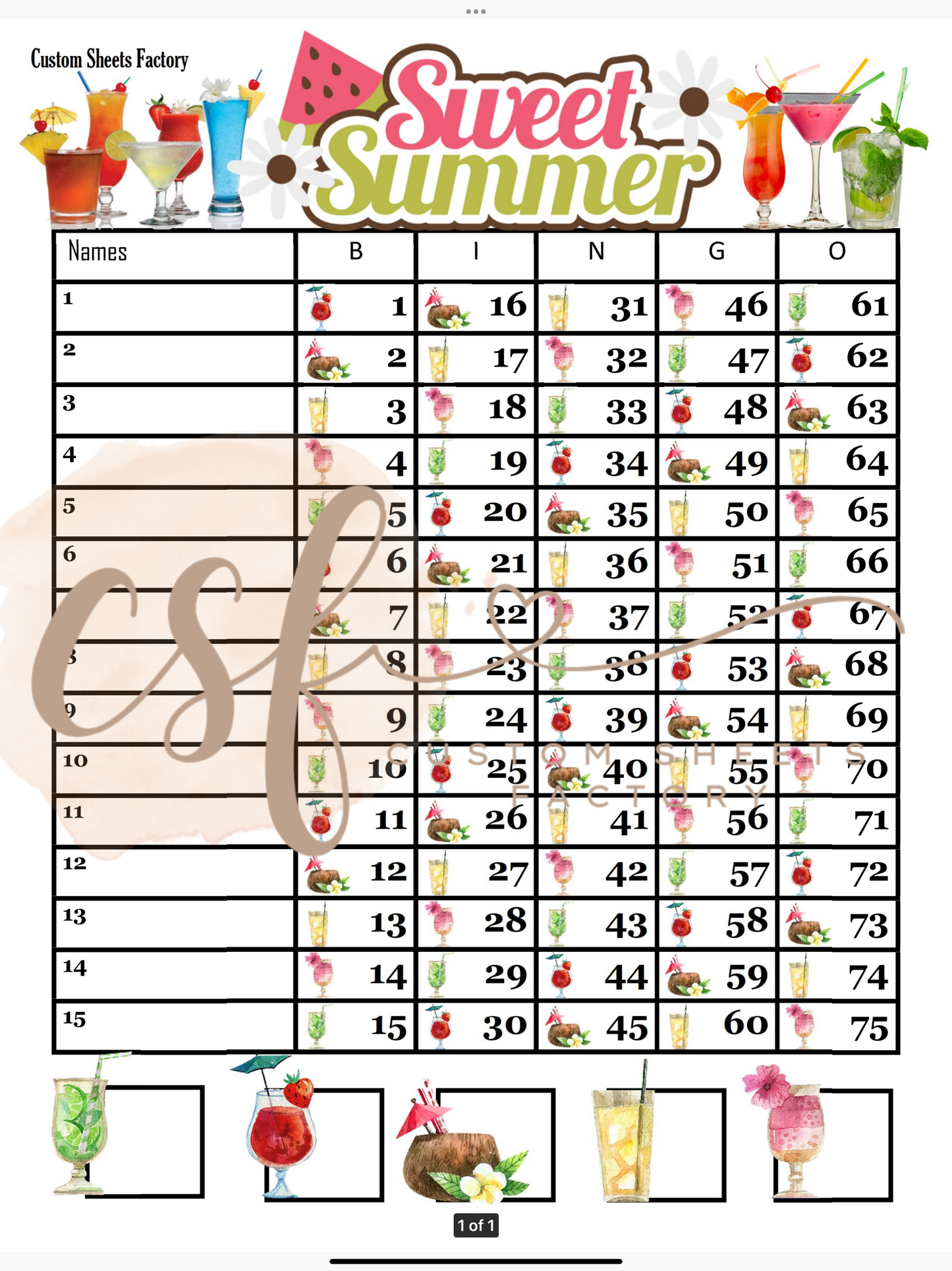 Sweet Summer Drinks - 15 line - 75 ball