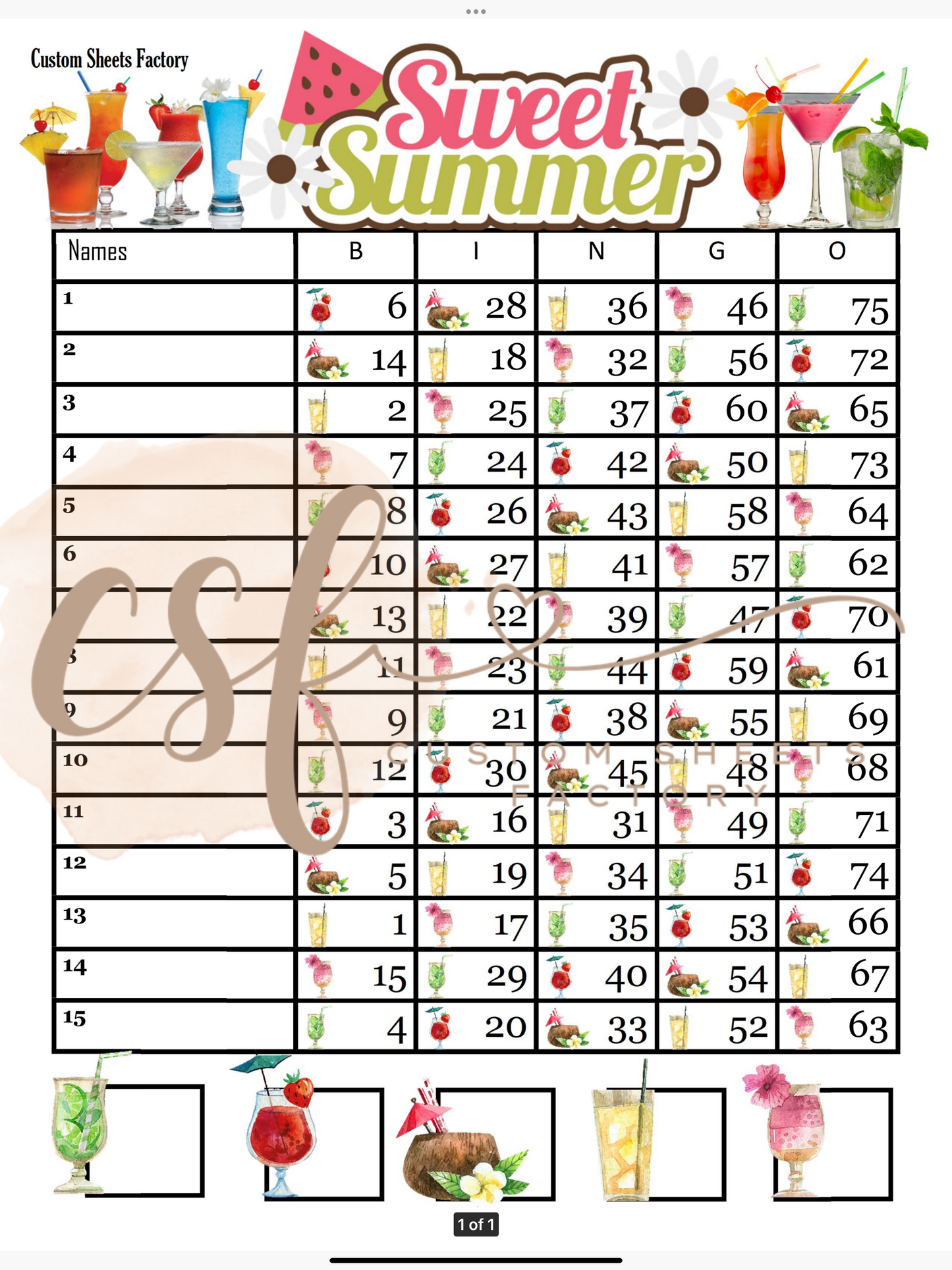 Sweet Summer Drinks - 15 line - 75 ball