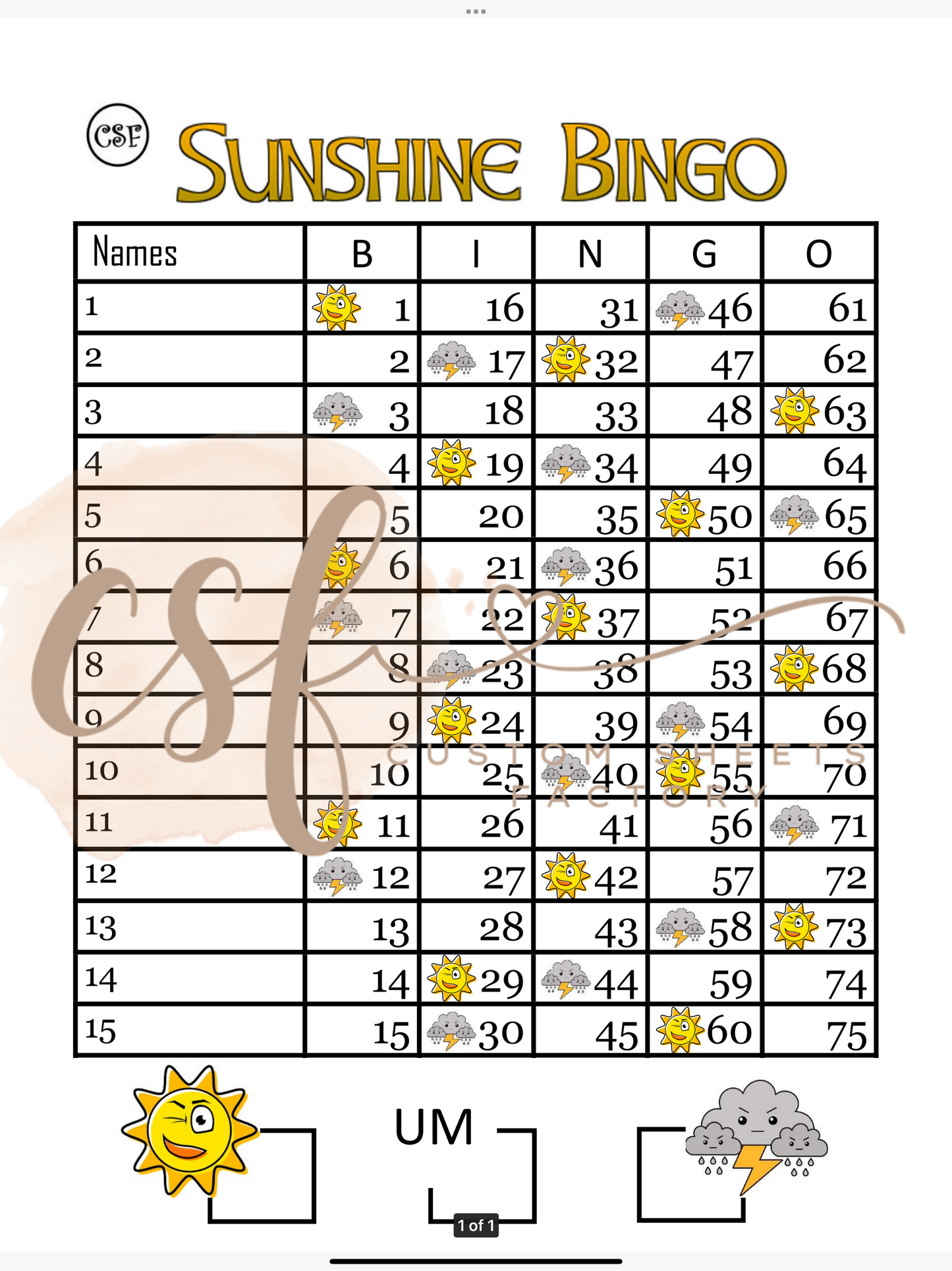 Sunshines Bingo - 15 line - 75 ball