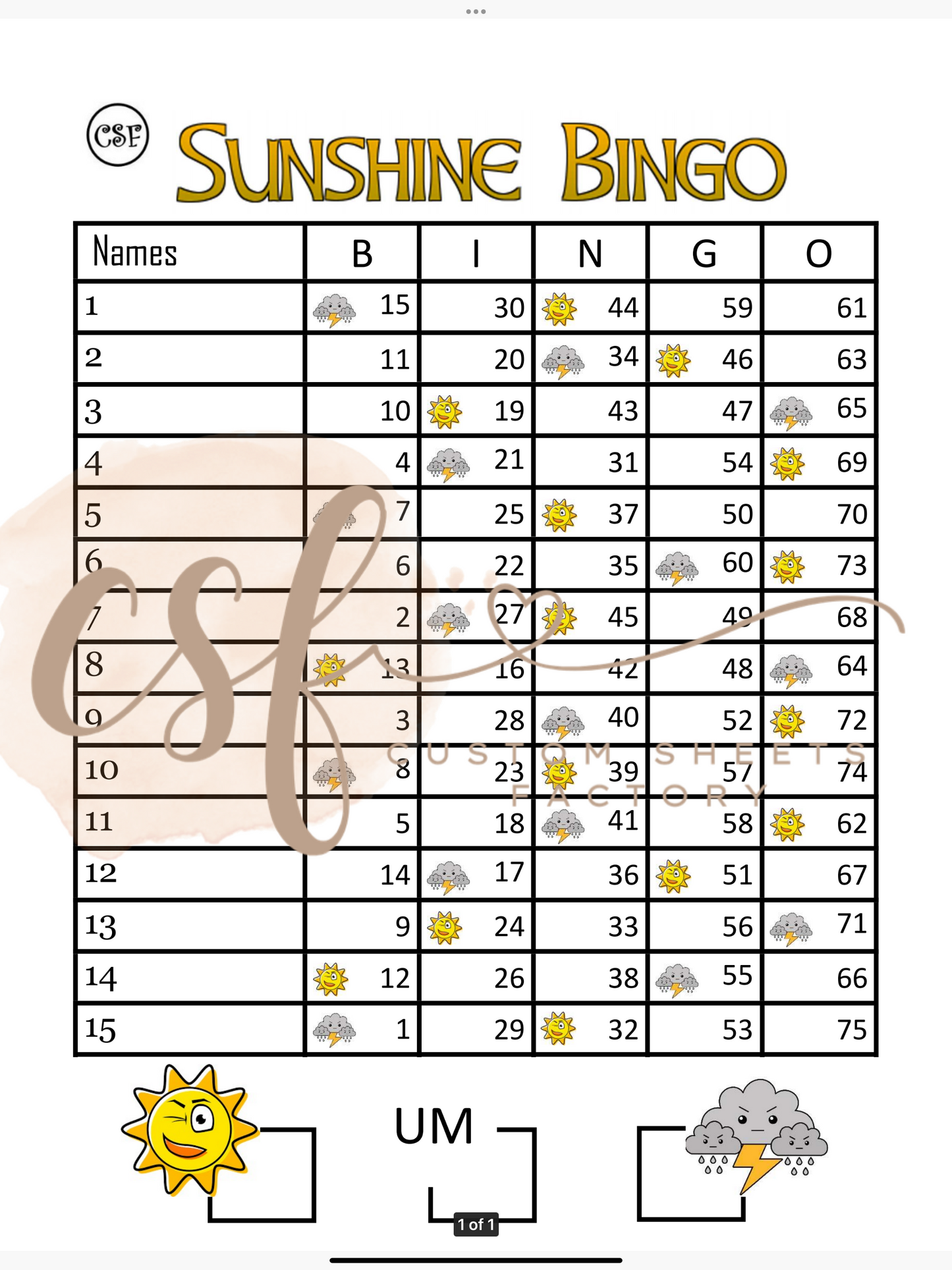 Sunshines Bingo - 15 line - 75 ball