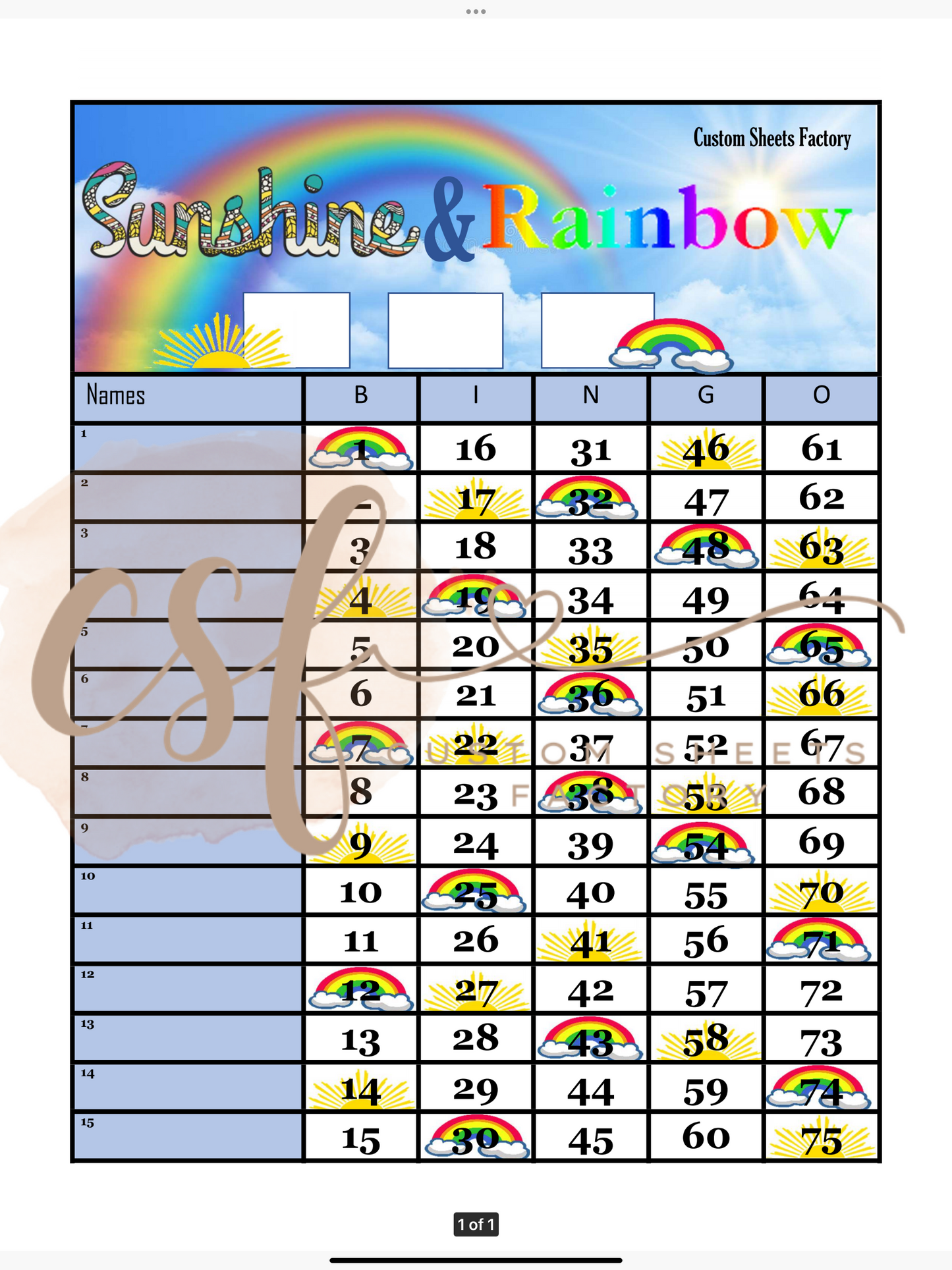 Sunshines and Rainbow - 15 line - 75 ball