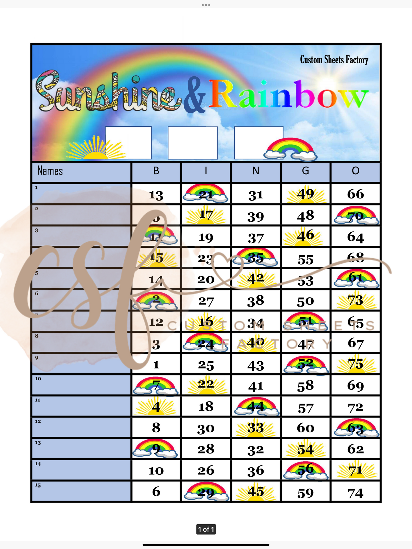 Sunshines and Rainbow - 15 line - 75 ball