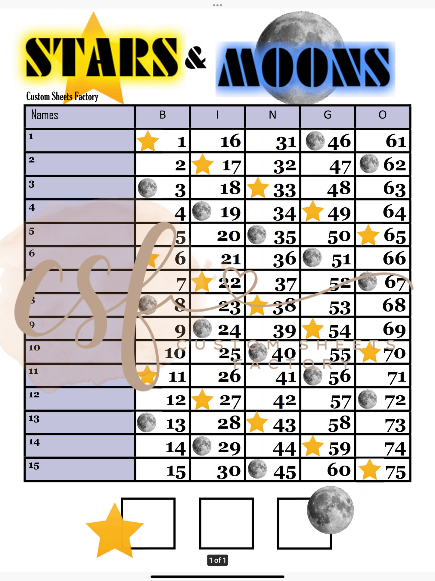 Stars Vs. Moon - 15 line - 75 ball