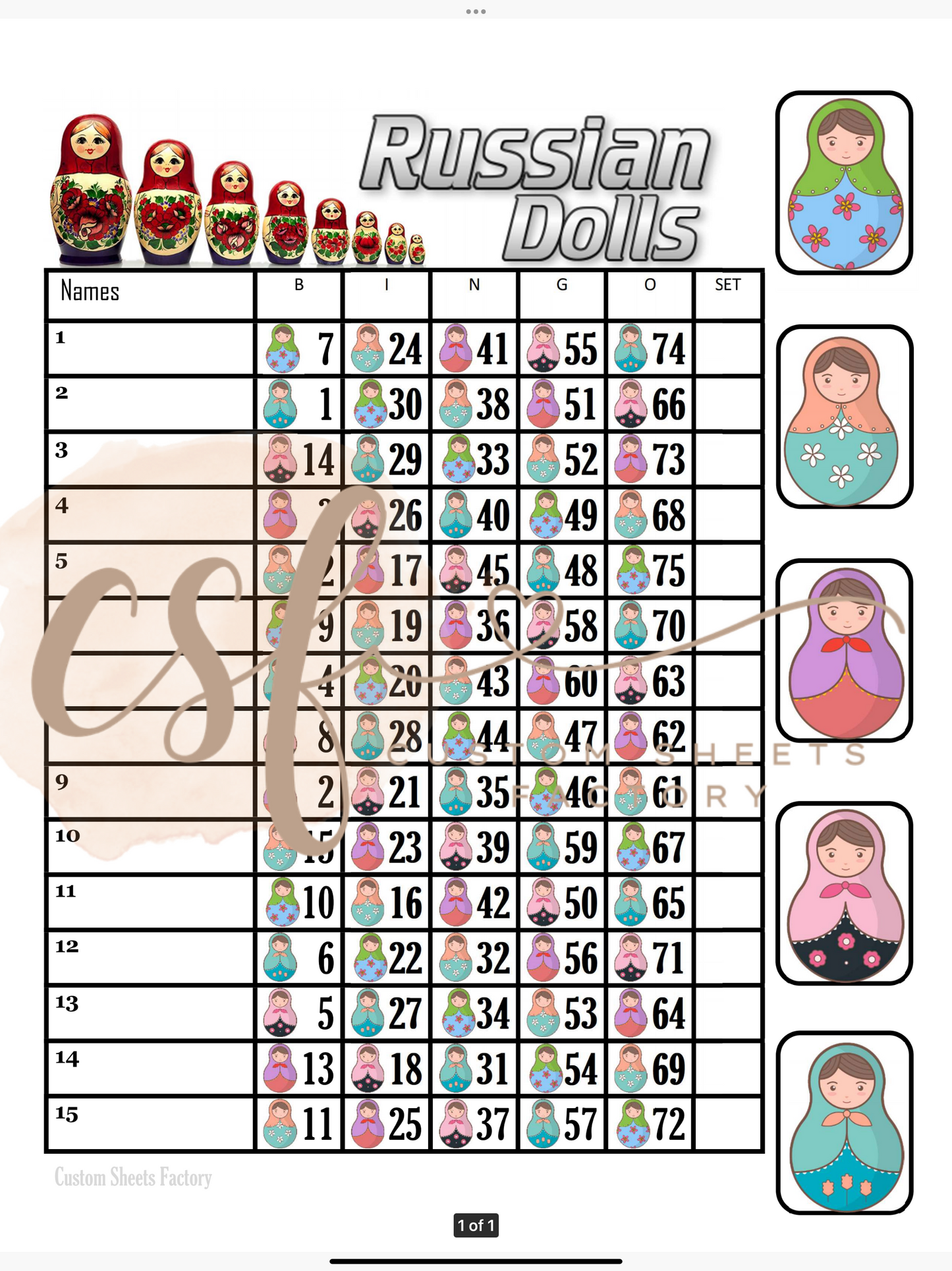 Russian Dolls - 15 line - 75 ball