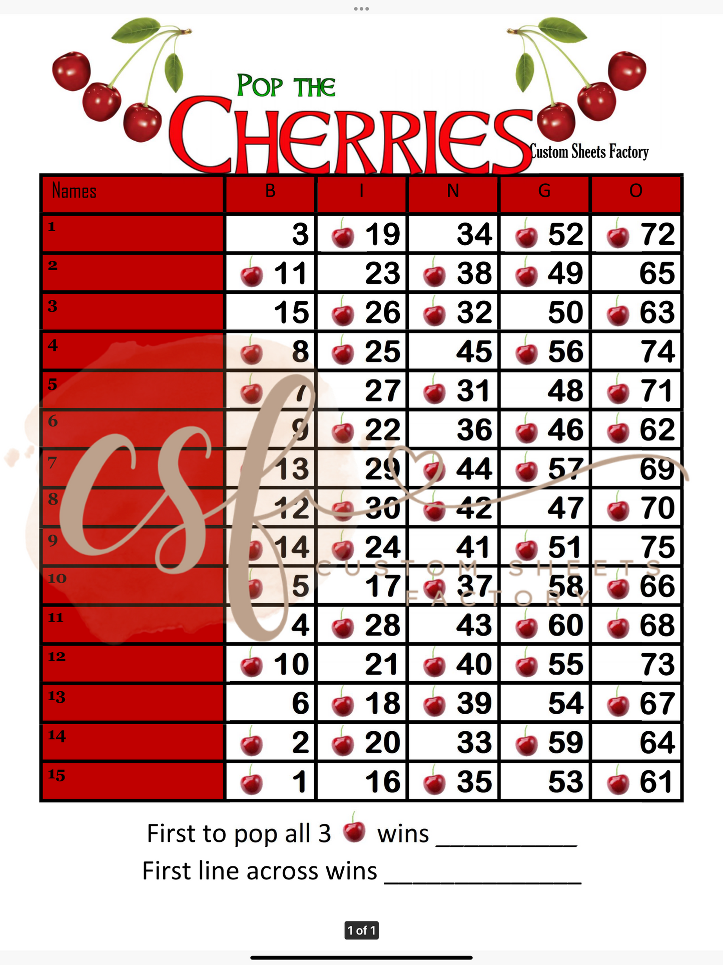 Pop the Cherry - 15 line - 75 ball