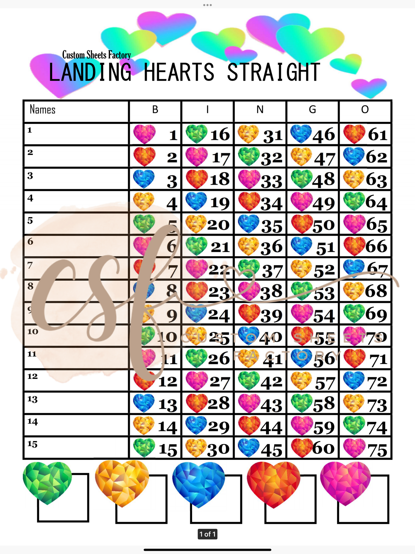 Hearts Landing - 15 line - 75 ball