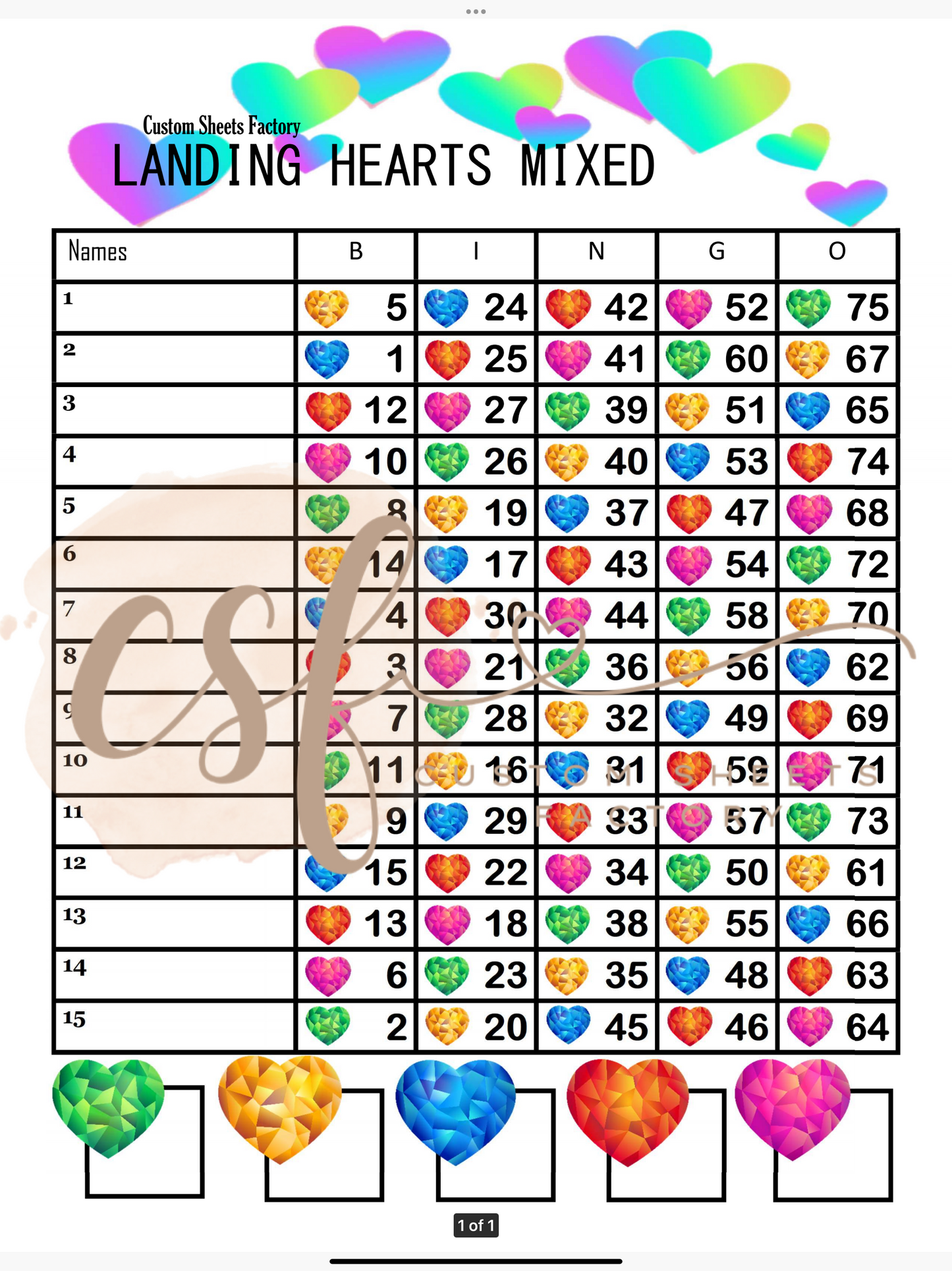 Hearts Landing - 15 line - 75 ball