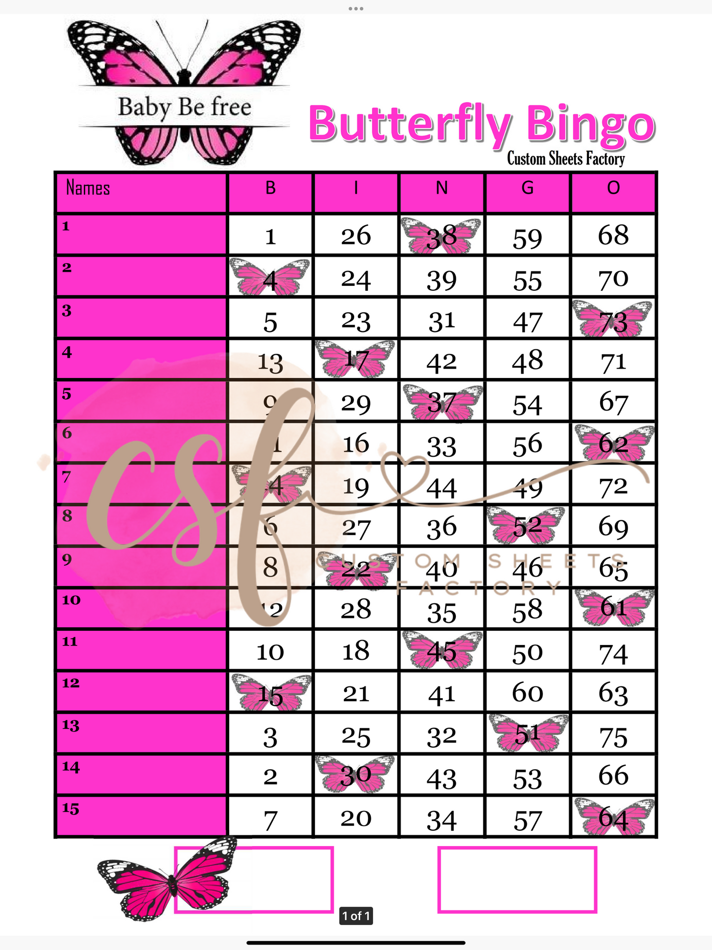 Butterfly Bingo - 15 line - 75 ball
