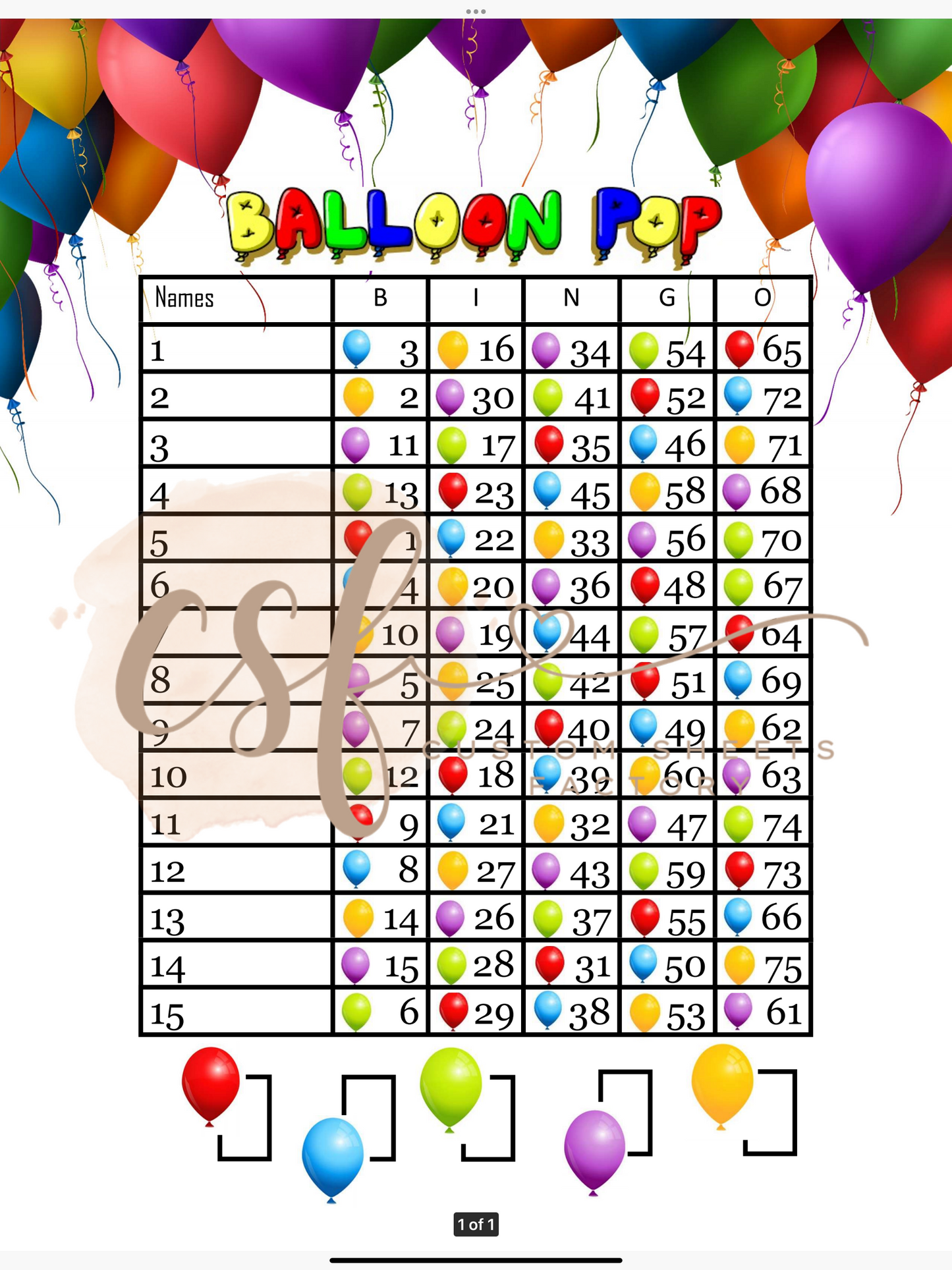 Balloon Pop - 15 line - 75 ball