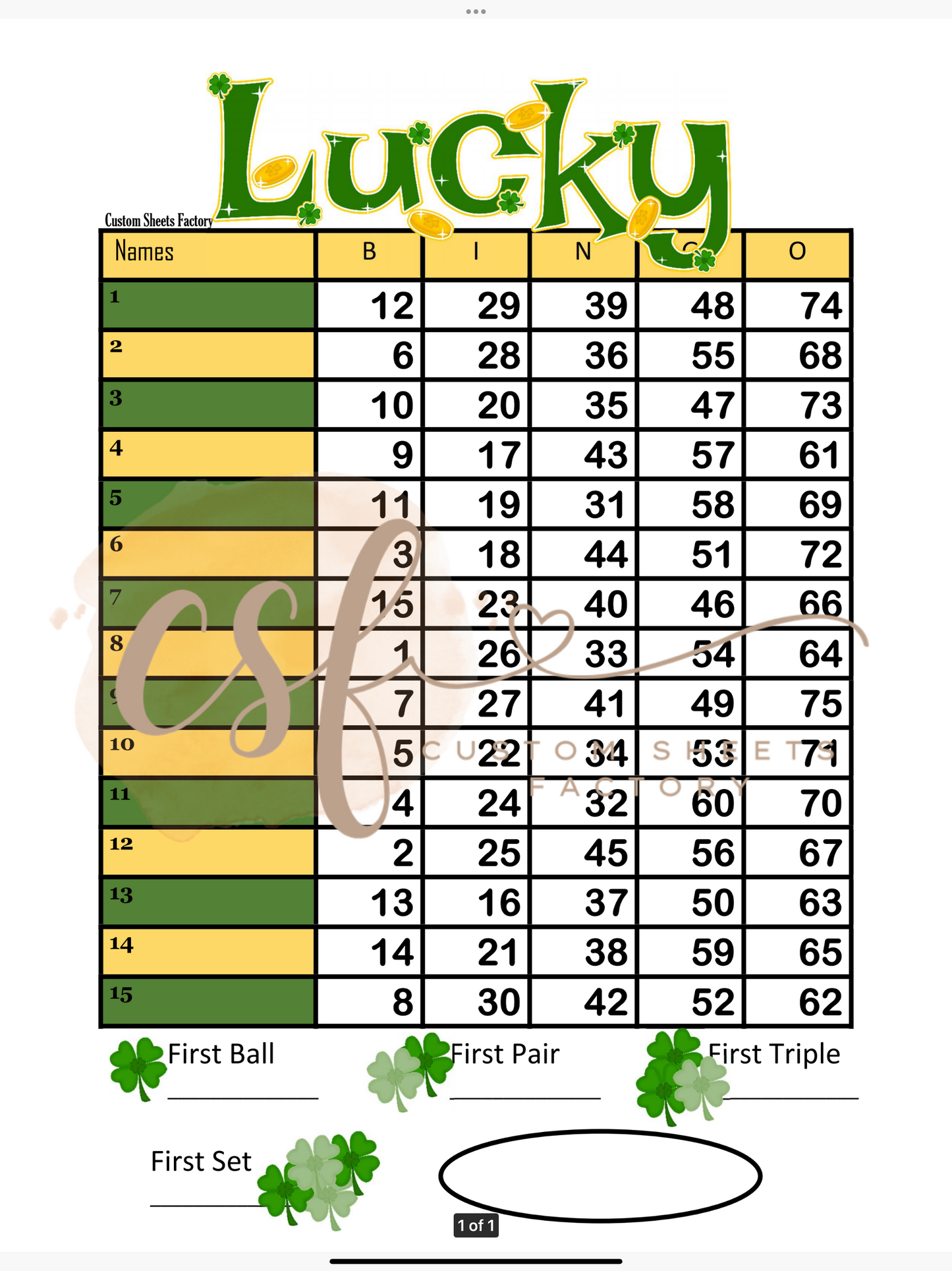 St Patricks Day Sets - 15 line - 75 ball