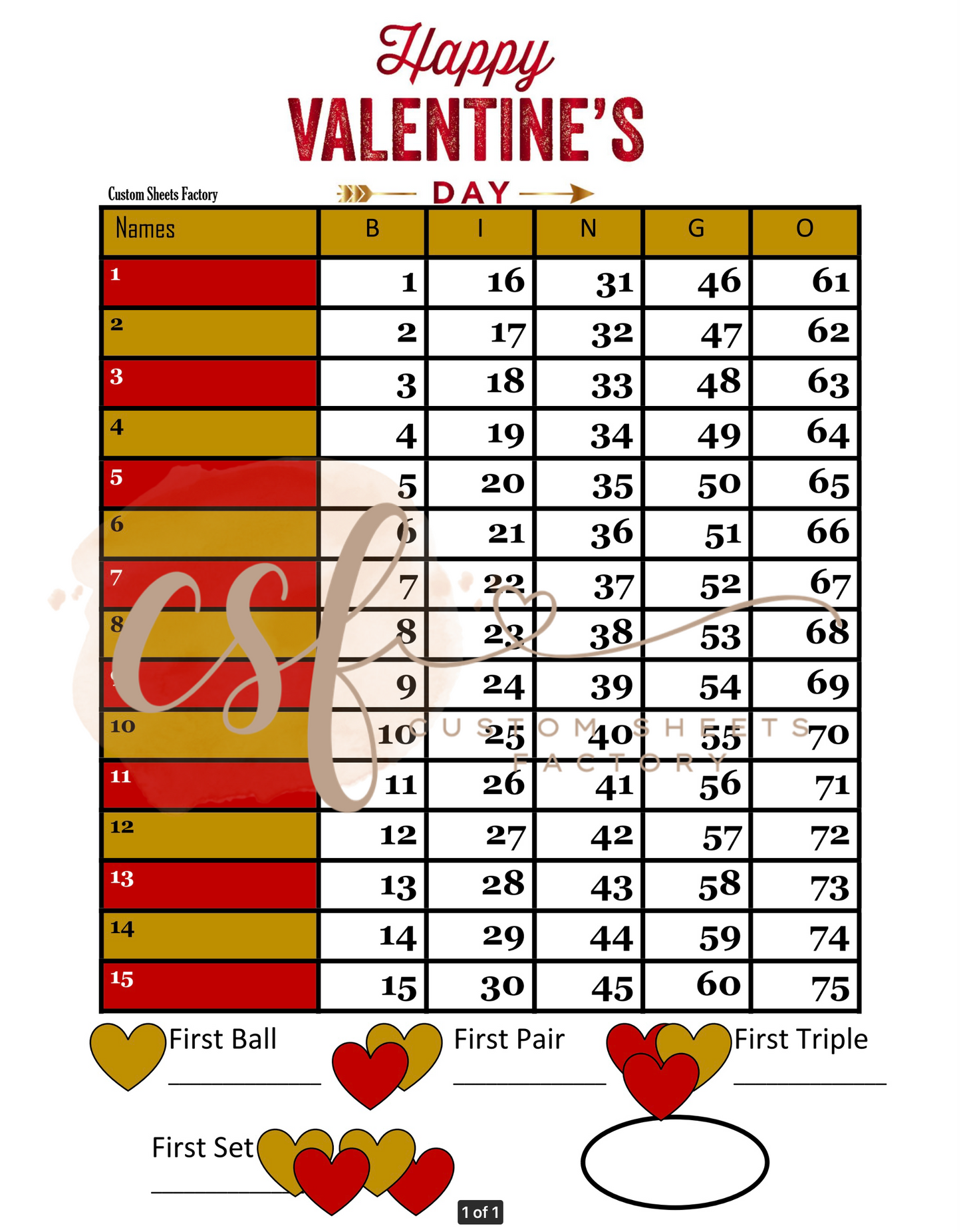 Valentines Day SETS - 15 line - 75 ball