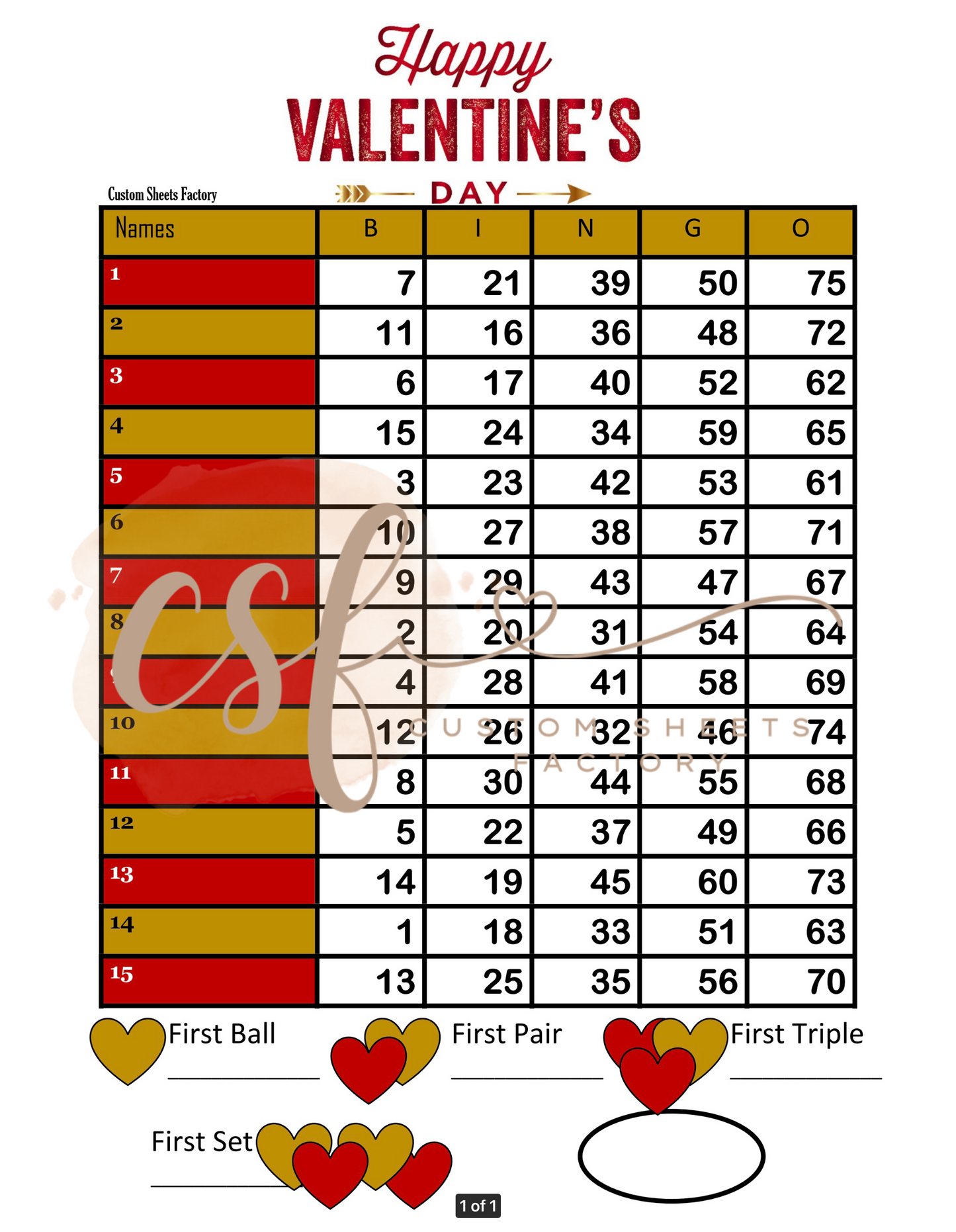 Valentines Day SETS - 15 line - 75 ball