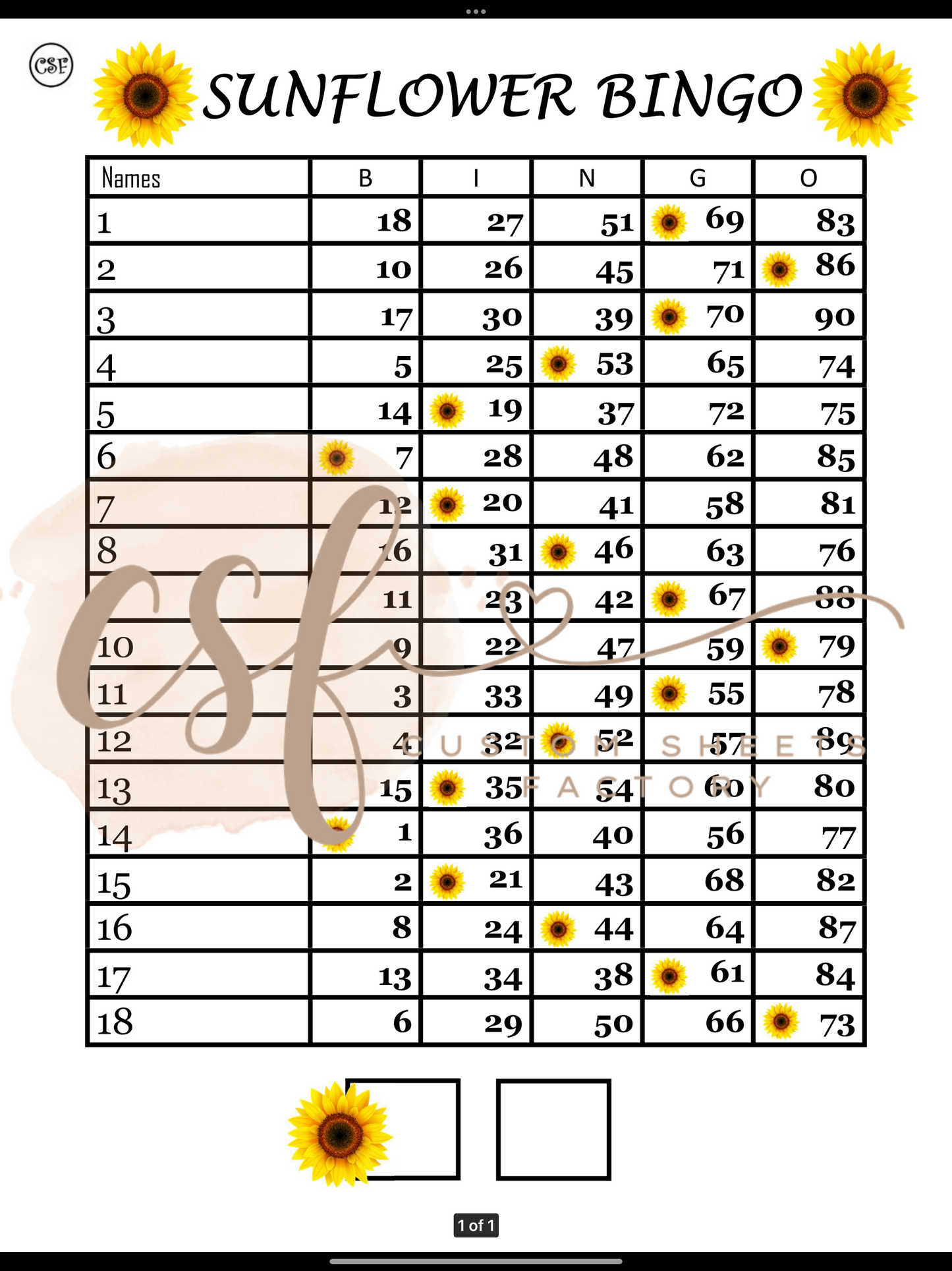 Sunflower Bingo - 18 line - 90 ball
