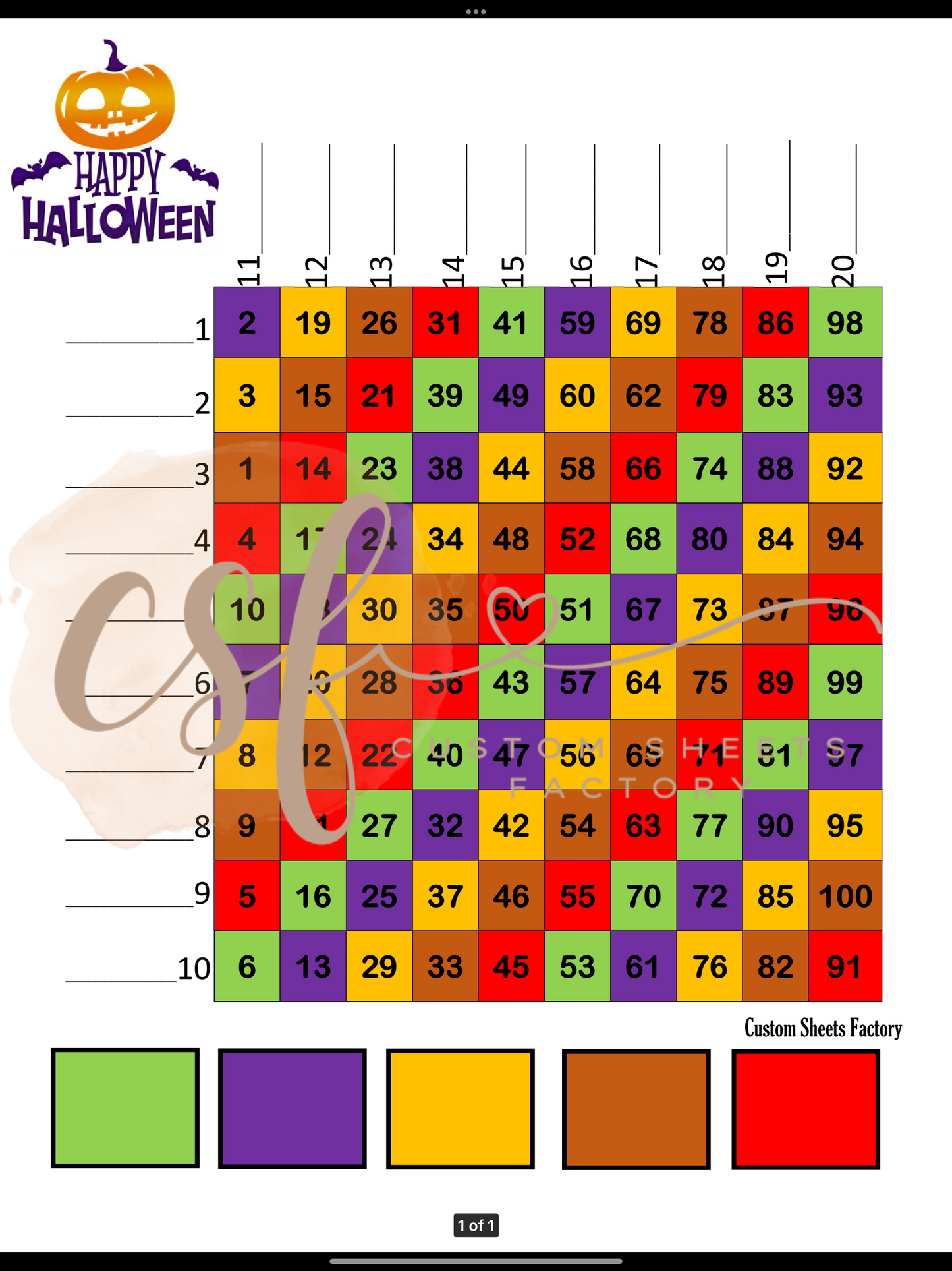 Halloween Coloured Grid - 20 line - 100 ball