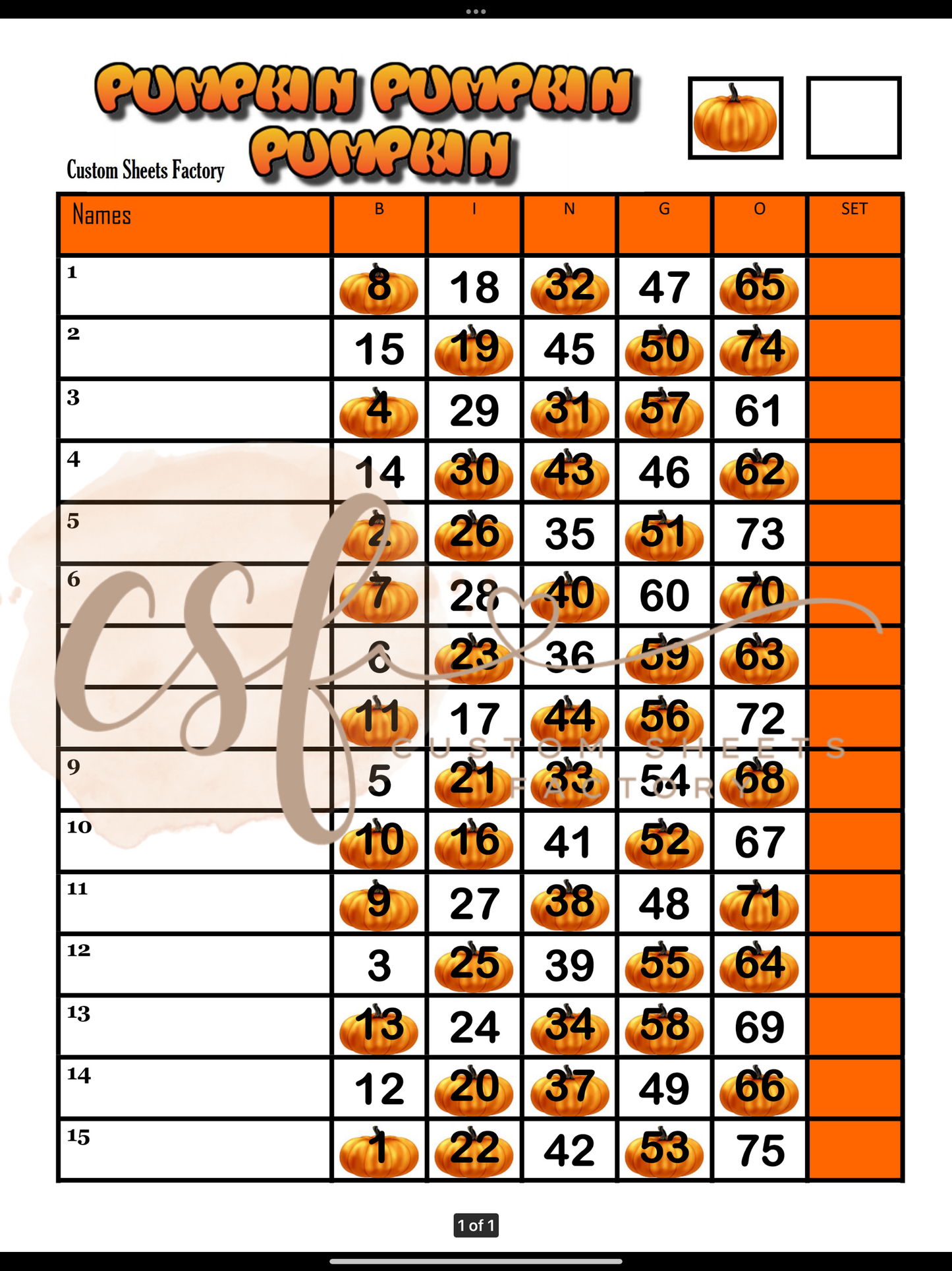 3 Pumpkin - 15 line - 75 ball