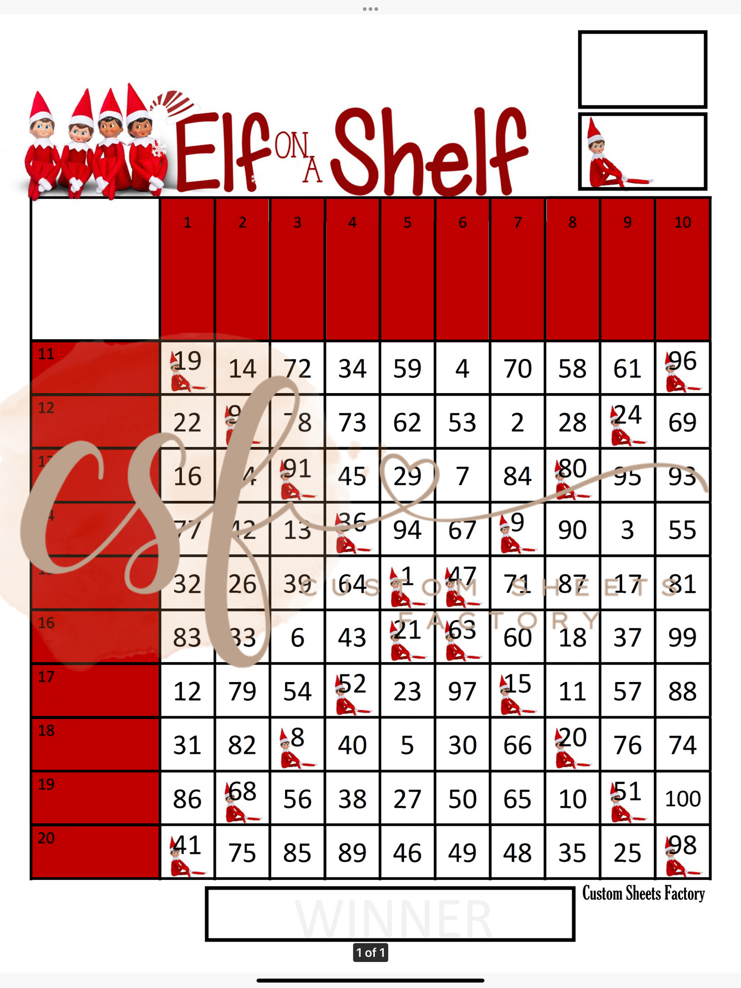 Elf on a Shelf Grid - 20 line - 100 ball