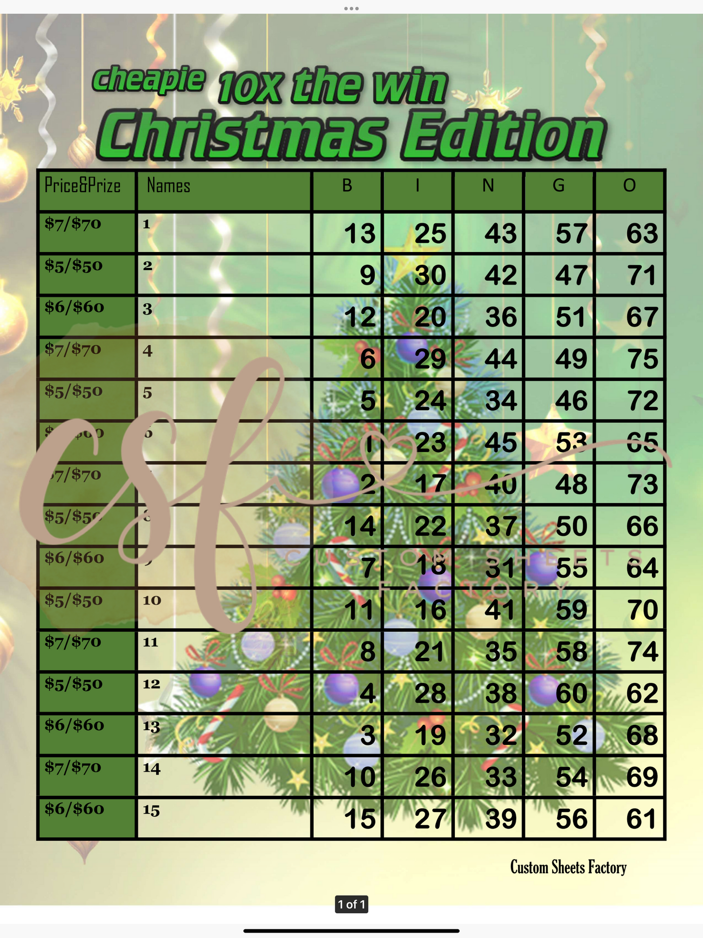 10x Win Christmas Cheapie - 15 line - 75 ball