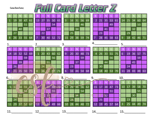 Full Card Letter Z - 15 line - 75 Ball