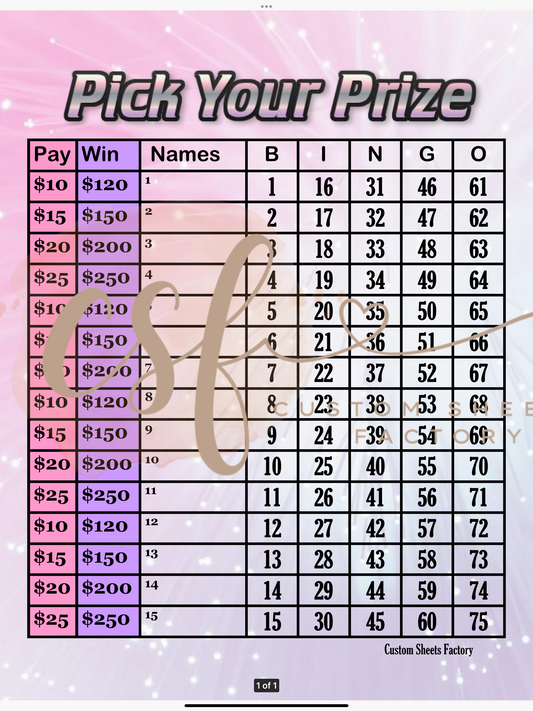 Pick your Prize - Various Designs - 75 ball