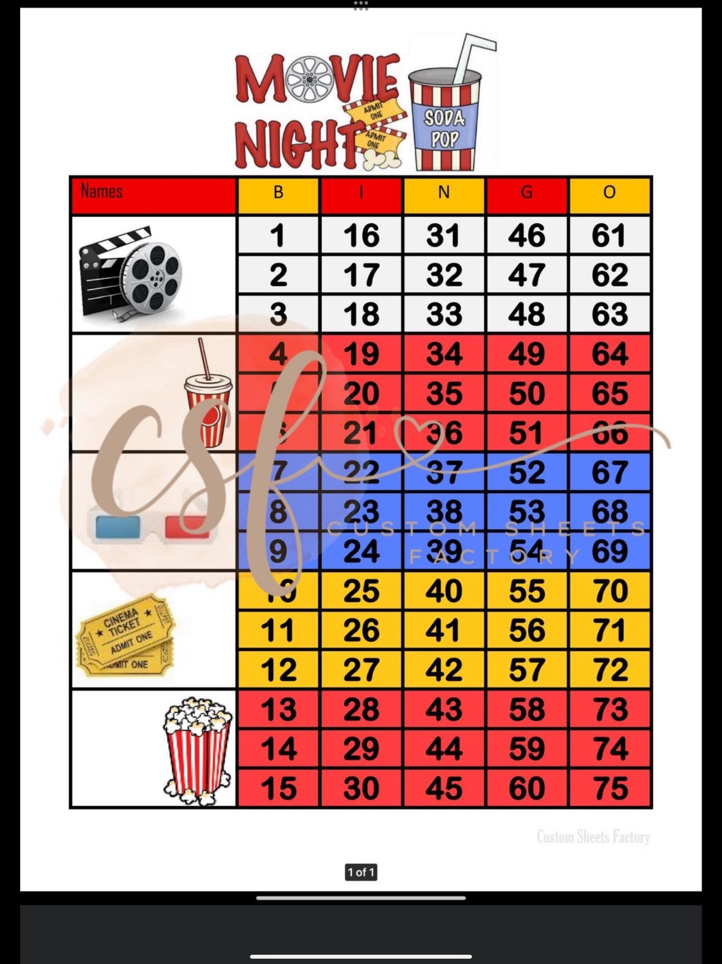 Movie Night -5 & 6 blocks - 75 and 90 ball